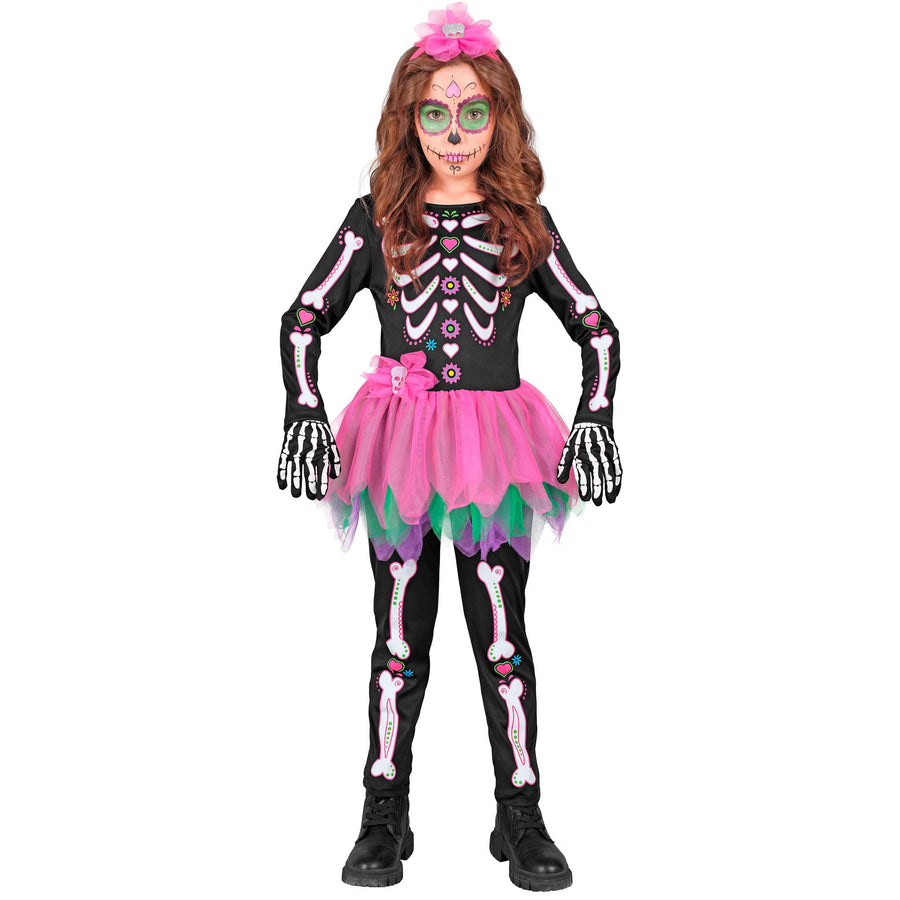 "SKELETT" (Overall mit Tutu, Haarreif mit Schleife und Totenkopf) – Detailansicht