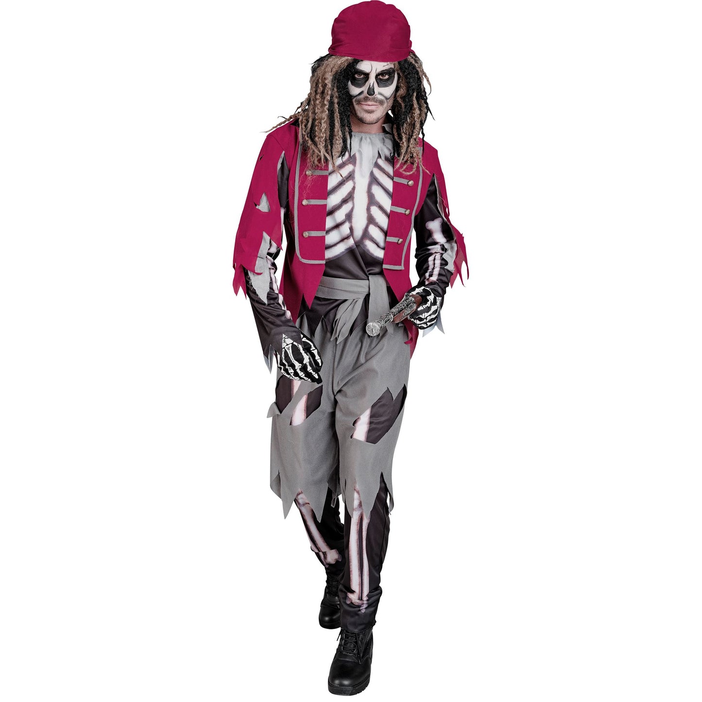 "SKELETT PIRAT" (Oberteil mit Weste und Gürtel, Hose, Bandana) – Vorderansicht