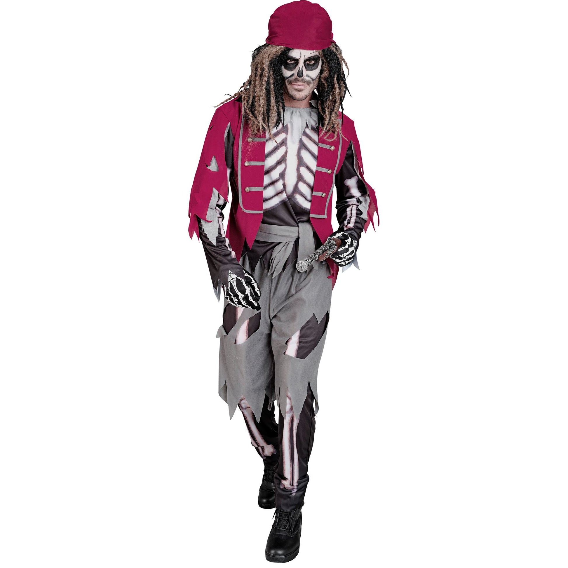 "SKELETT PIRAT" (Oberteil mit Weste und Gürtel, Hose, Bandana) – Vorderansicht