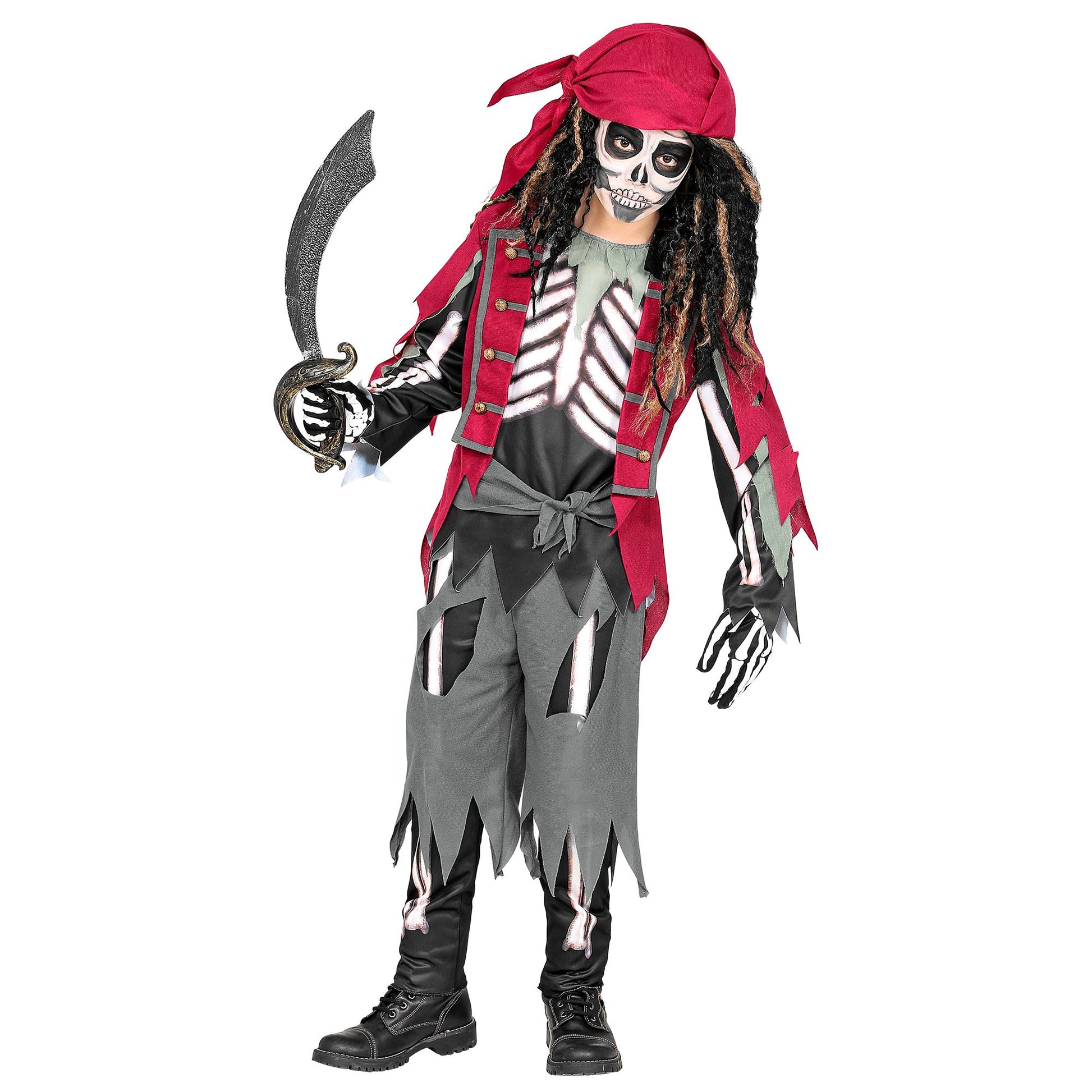 "SKELETT PIRAT" (Oberteil mit Weste und Gürtel, Hose, Bandana) – Vorderansicht