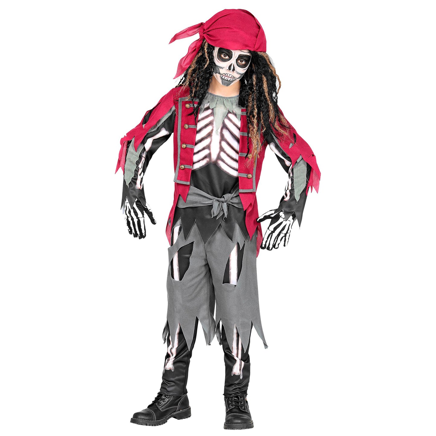 "SKELETT PIRAT" (Oberteil mit Weste und Gürtel, Hose, Bandana) – Detailansicht