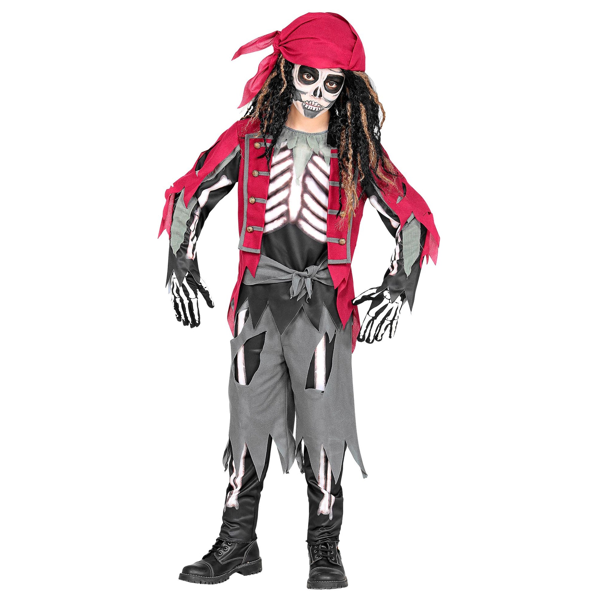 "SKELETT PIRAT" (Oberteil mit Weste und Gürtel, Hose, Bandana) – Detailansicht