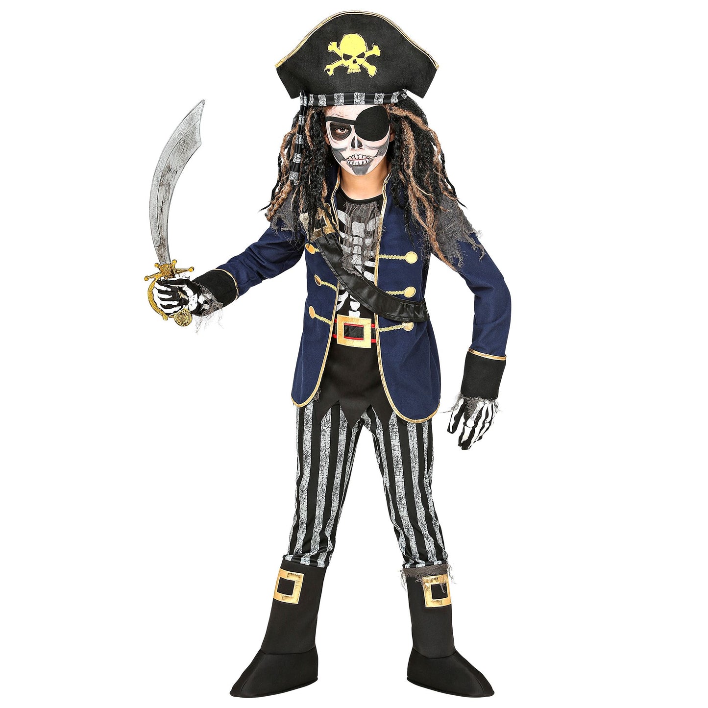 "SKELETT PIRATENKAPITÄN" (Mantel mit Hemd, Gürtel & Schwertscheide, Hose mit Stiefelüberziehern, Hut mit Bandana) – Vorderansicht