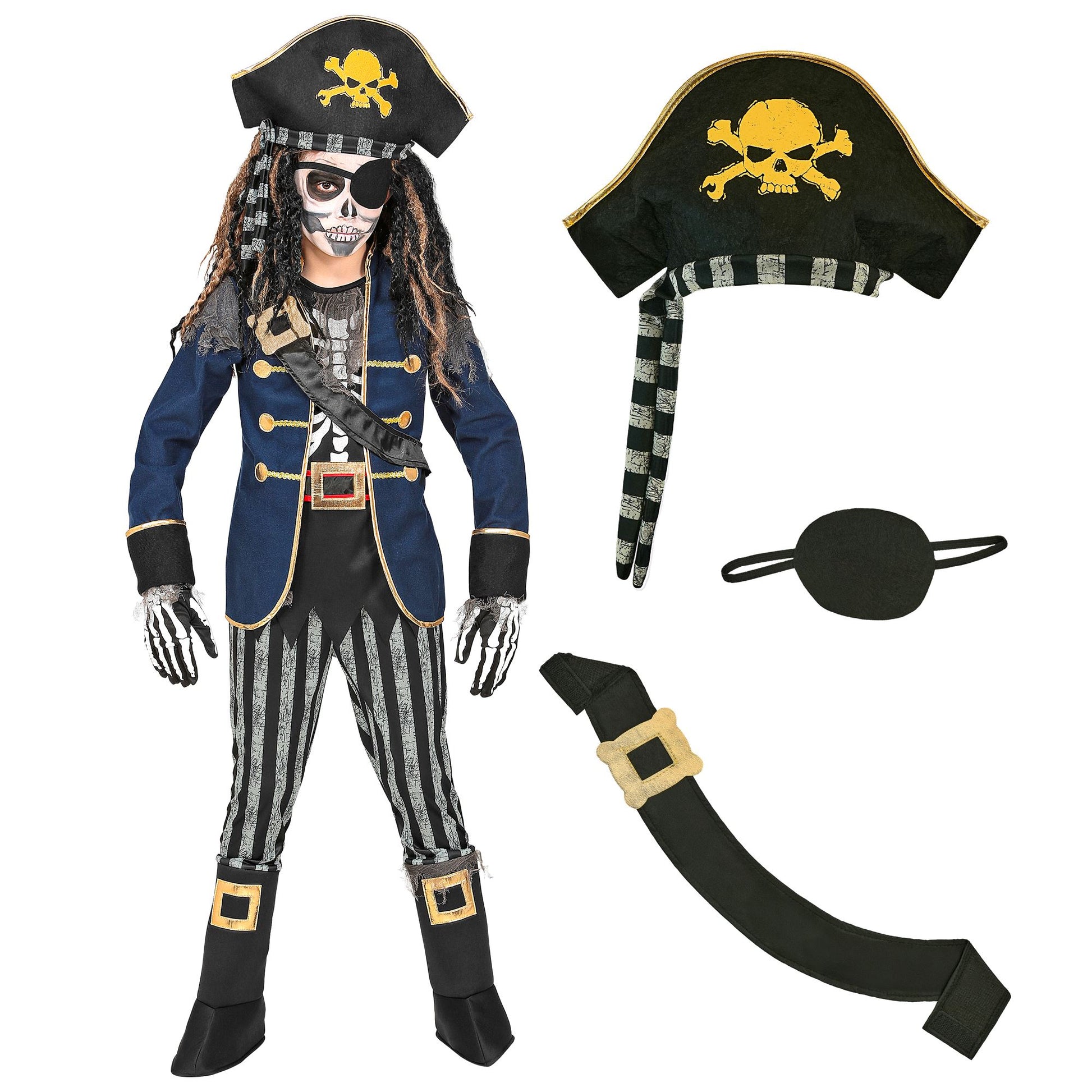 "SKELETT PIRATENKAPITÄN" (Mantel mit Hemd, Gürtel & Schwertscheide, Hose mit Stiefelüberziehern, Hut mit Bandana) – Detailansicht