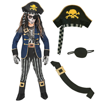 "SKELETT PIRATENKAPITÄN" (Mantel mit Hemd, Gürtel & Schwertscheide, Hose mit Stiefelüberziehern, Hut mit Bandana) – Detailansicht