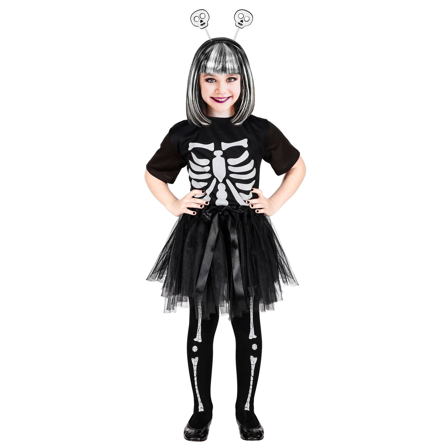 SKELETT (T-Shirt, Tutu, Haarreif mit Totenköpfen) – Vorderansicht