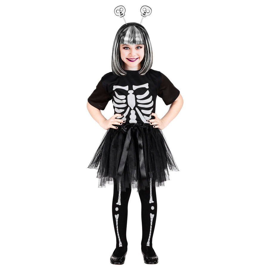SKELETT (T-Shirt, Tutu, Haarreif mit Totenköpfen) – Vorderansicht