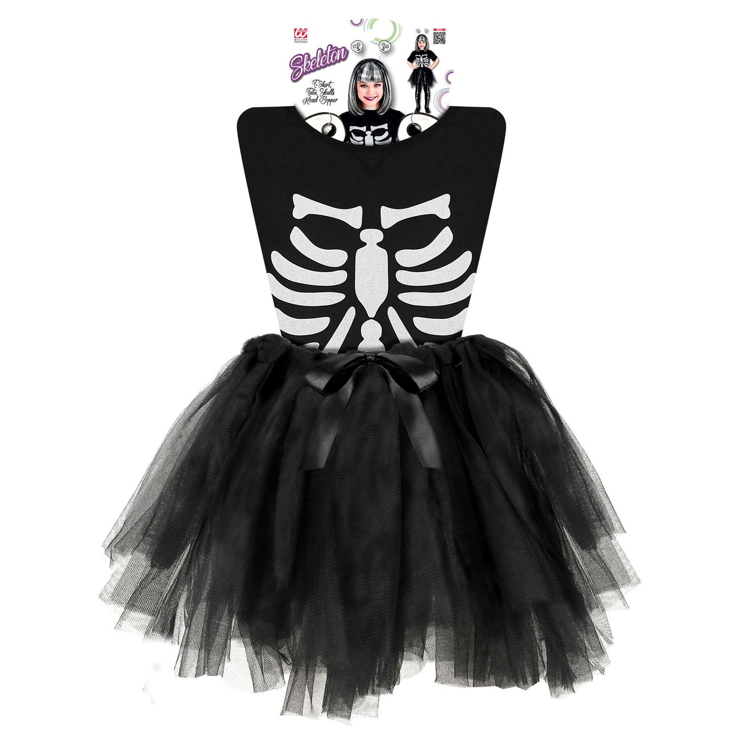 SKELETT (T-Shirt, Tutu, Haarreif mit Totenköpfen) – Detailansicht