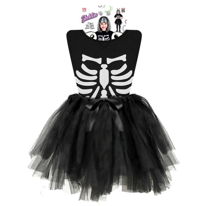 SKELETT (T-Shirt, Tutu, Haarreif mit Totenköpfen) – Detailansicht