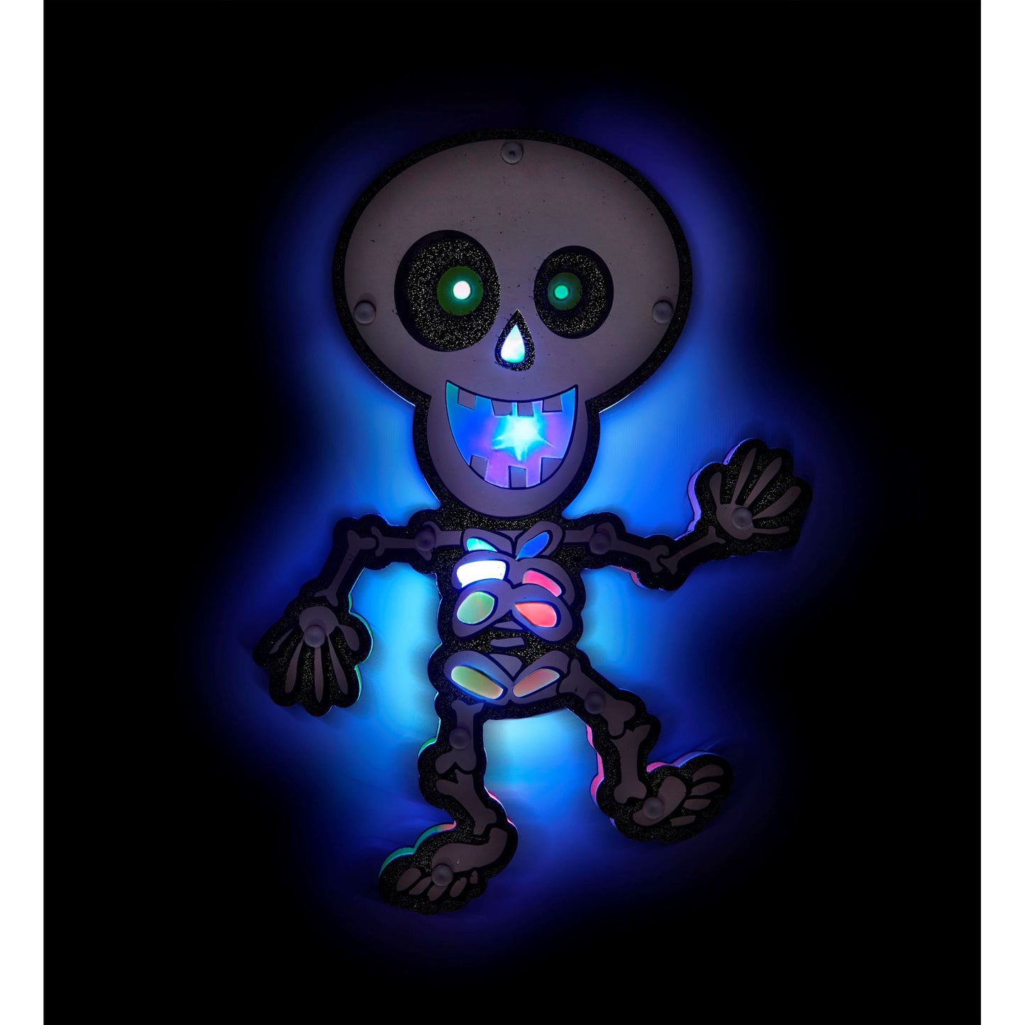 "SKELETT WANDDEKORATION MIT 6 LEUCHTENDEN MEHRFARBIGEN LED LICHTERN" 29x21 cm – Detailansicht