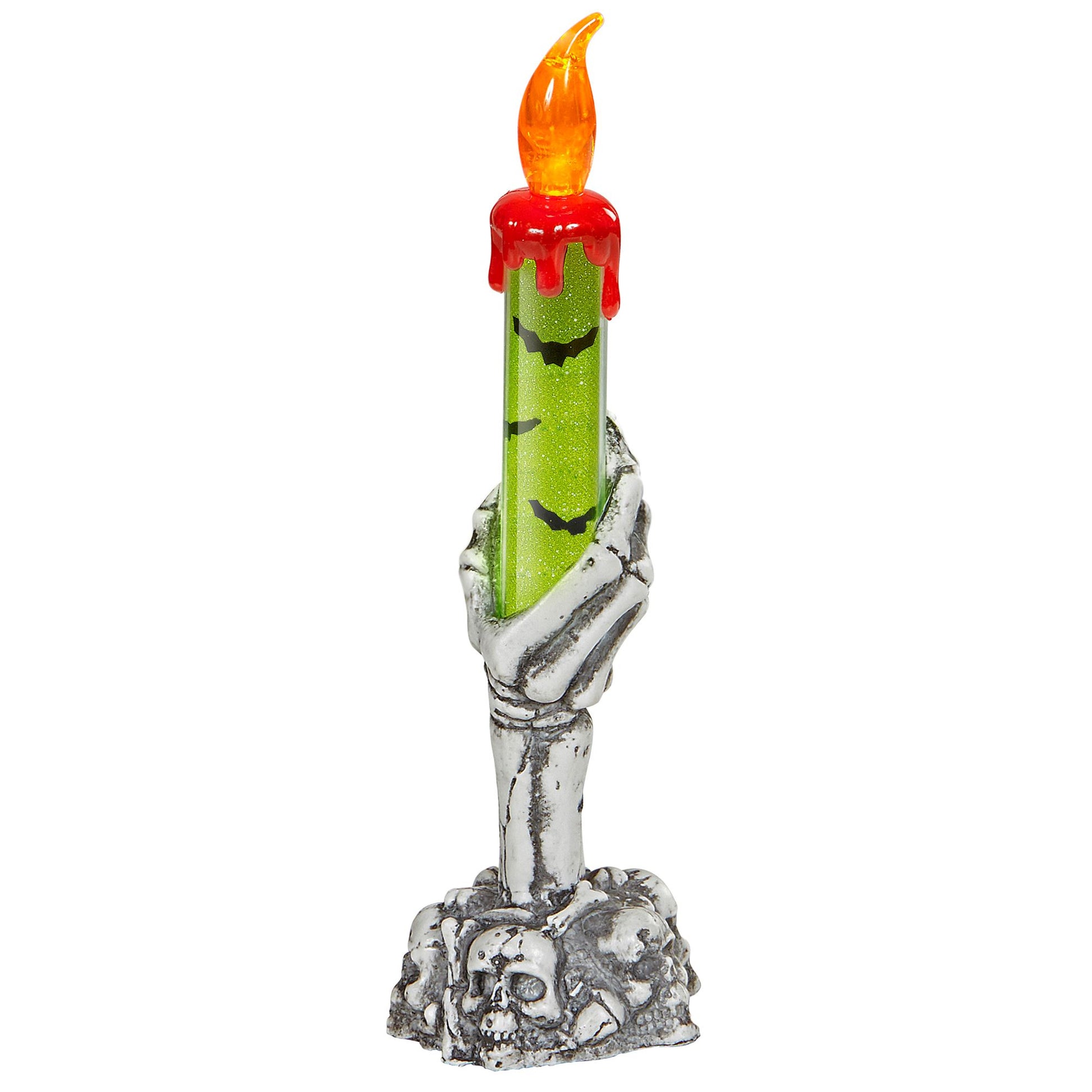 "SKELETTHAND KERZENSTÄNDER MIT LEUCHTENDER BLUTENDER KERZE" 20 cm – Detailansicht