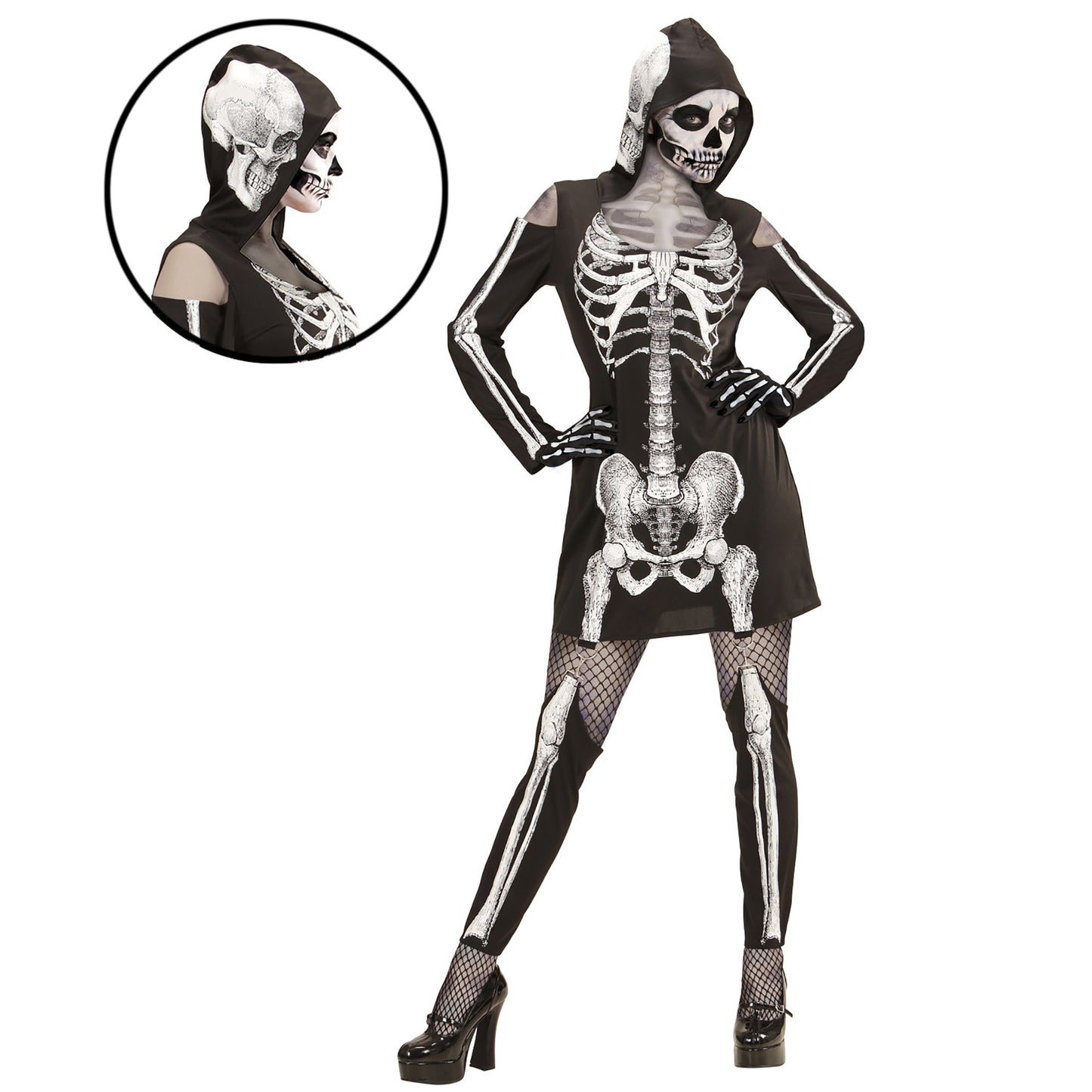"SKELETTLADY" (Kleid mit Kapuze, Strapsen -Leggings) – Vorderansicht