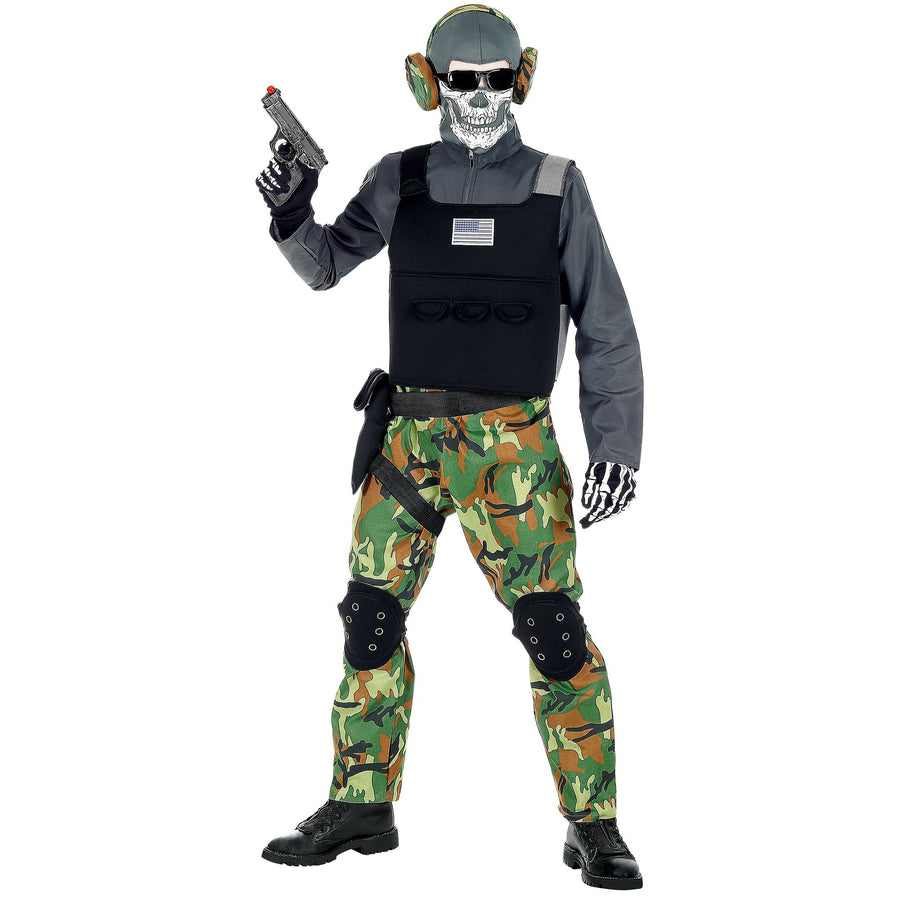 "SKELETTSOLDAT" (Overall, Weste, Knieschoner, Gürtel, Holster, Maske, Brille, Kopfhörer) – Vorderansicht