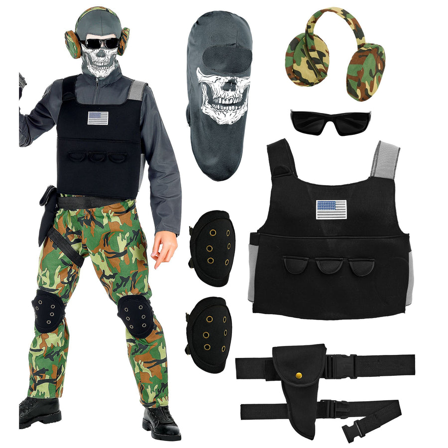 "SKELETTSOLDAT" (Overall, Weste, Knieschoner, Gürtel, Holster, Maske, Brille, Kopfhörer) – Detailansicht