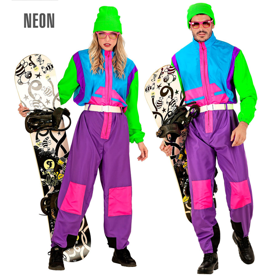 "SKI- SNOWBOARDANZUG VIOLETT-HELLBLAU-GRÜN" (Overall, Gürtel) – Vorderansicht