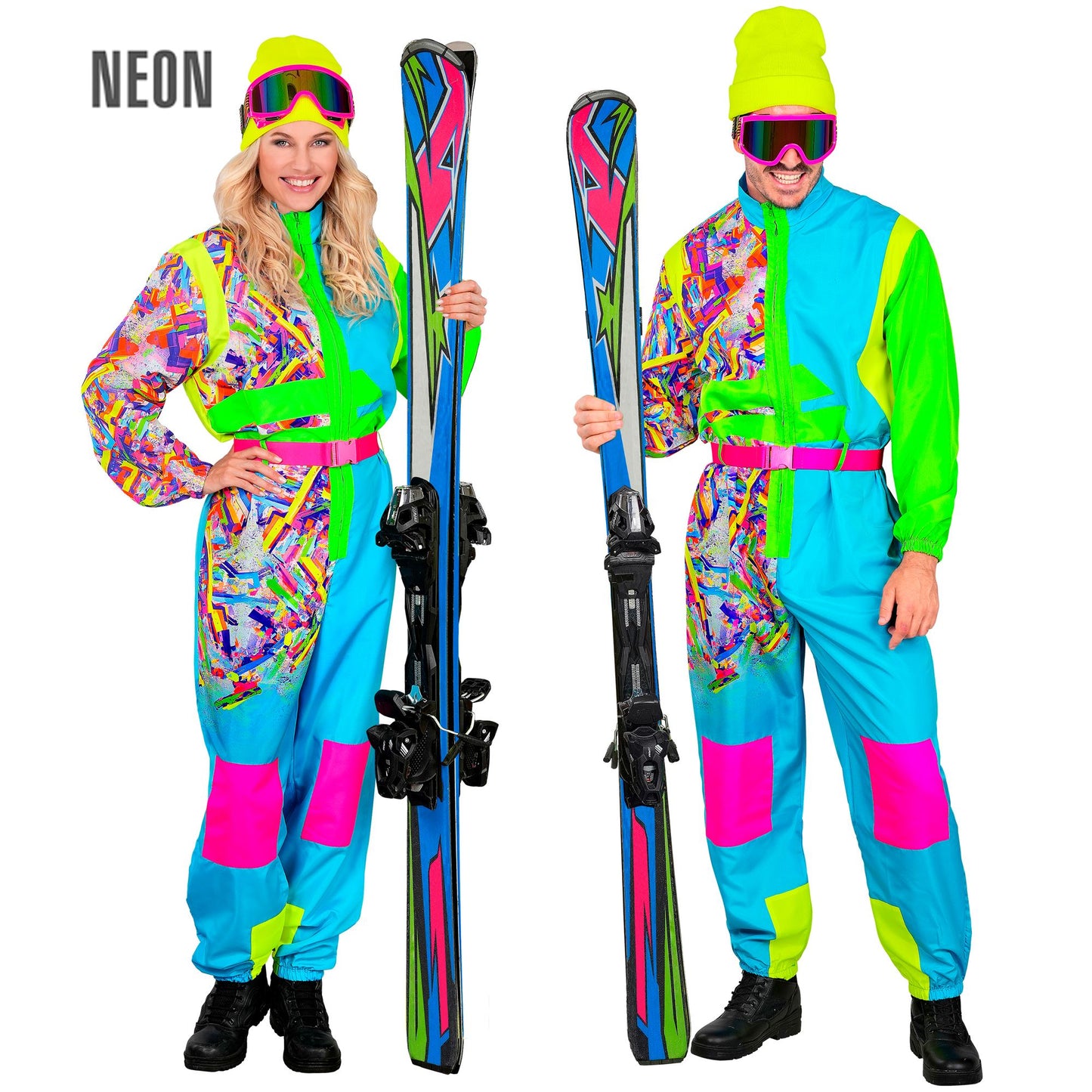 Widmann Neon Snowboarder Skianzug hellblau-grün mit Overall und Gürtel – Produktansicht