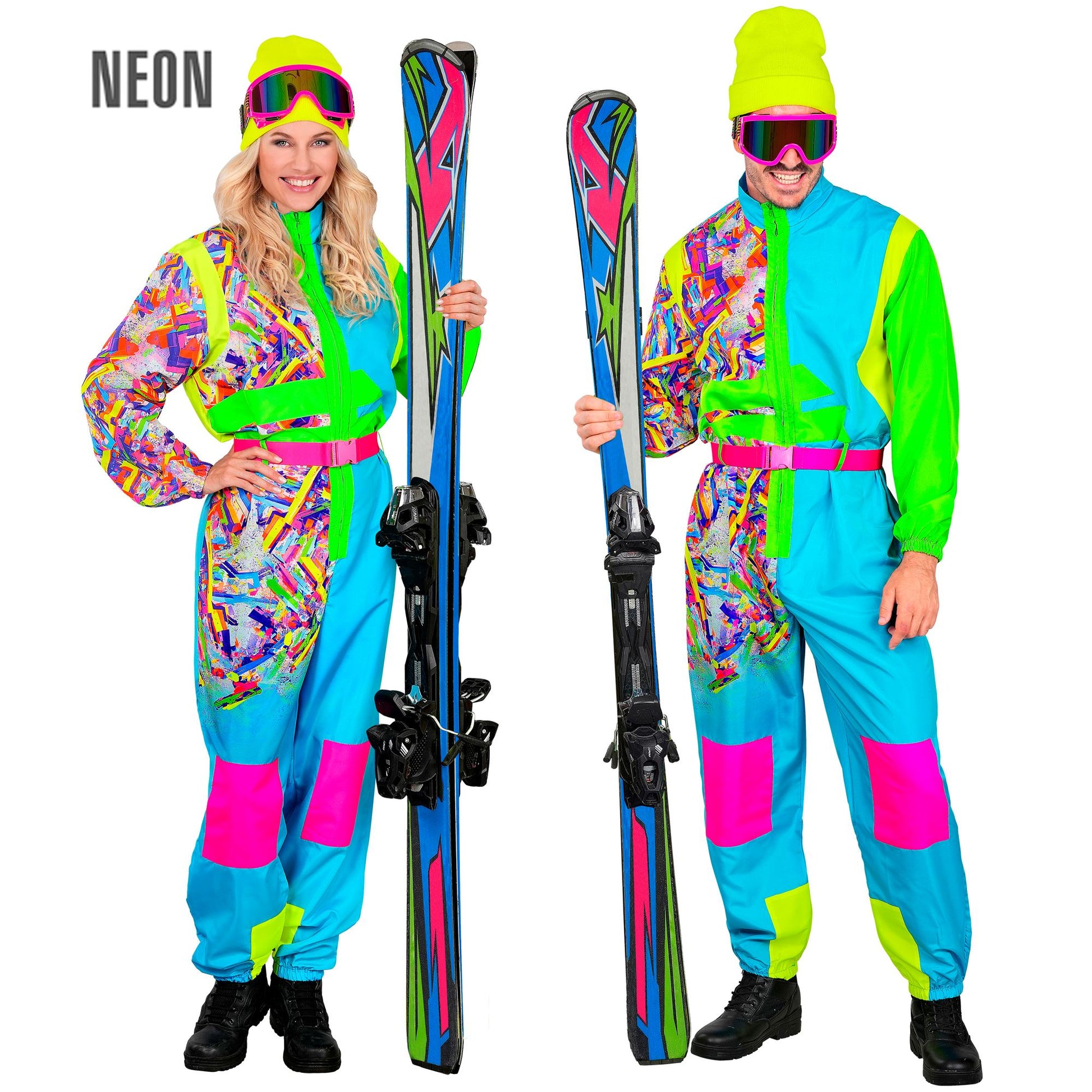 Widmann Neon Snowboarder Skianzug hellblau-grün mit Overall und Gürtel – Produktansicht