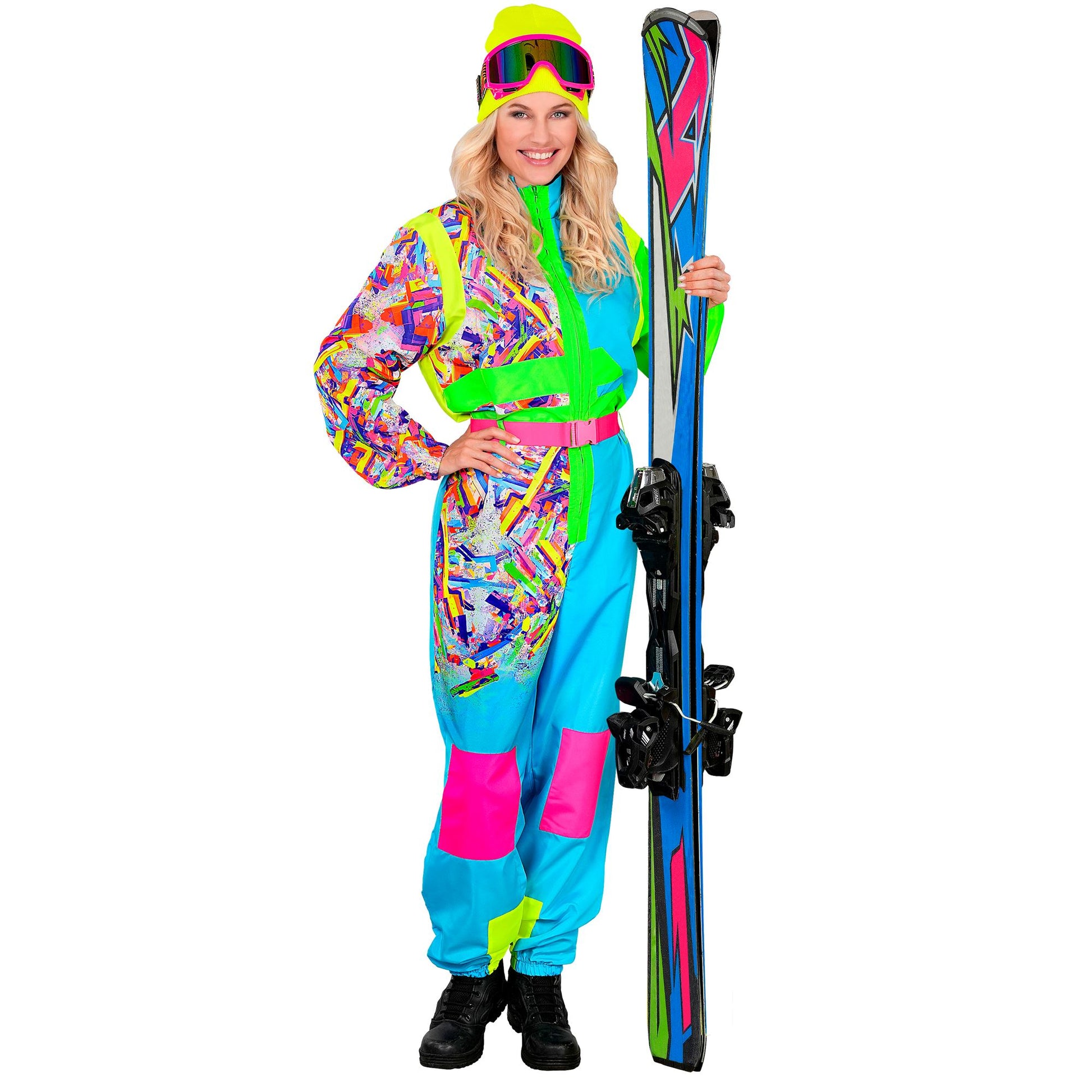 Widmann Neon Snowboarder Skianzug hellblau-grün mit Overall und Gürtel – Detailansicht