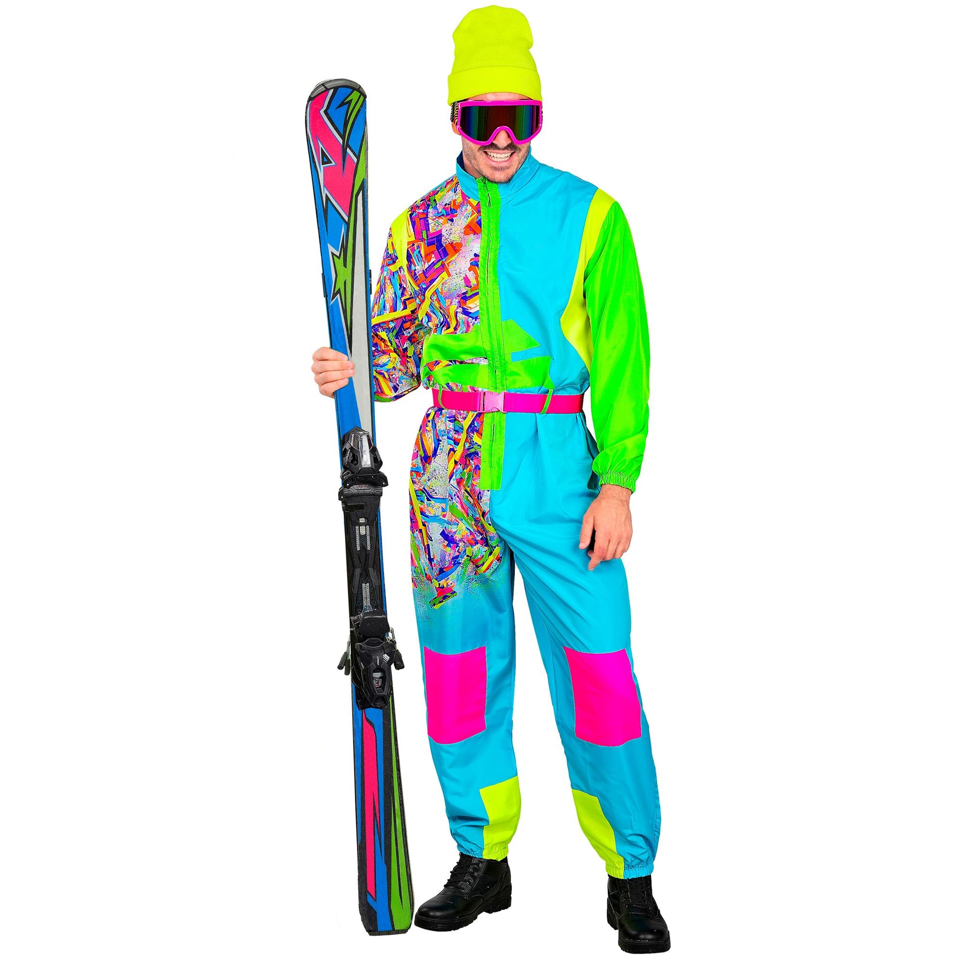 Widmann Neon Snowboarder Skianzug hellblau-grün mit Overall und Gürtel – Seitenansicht