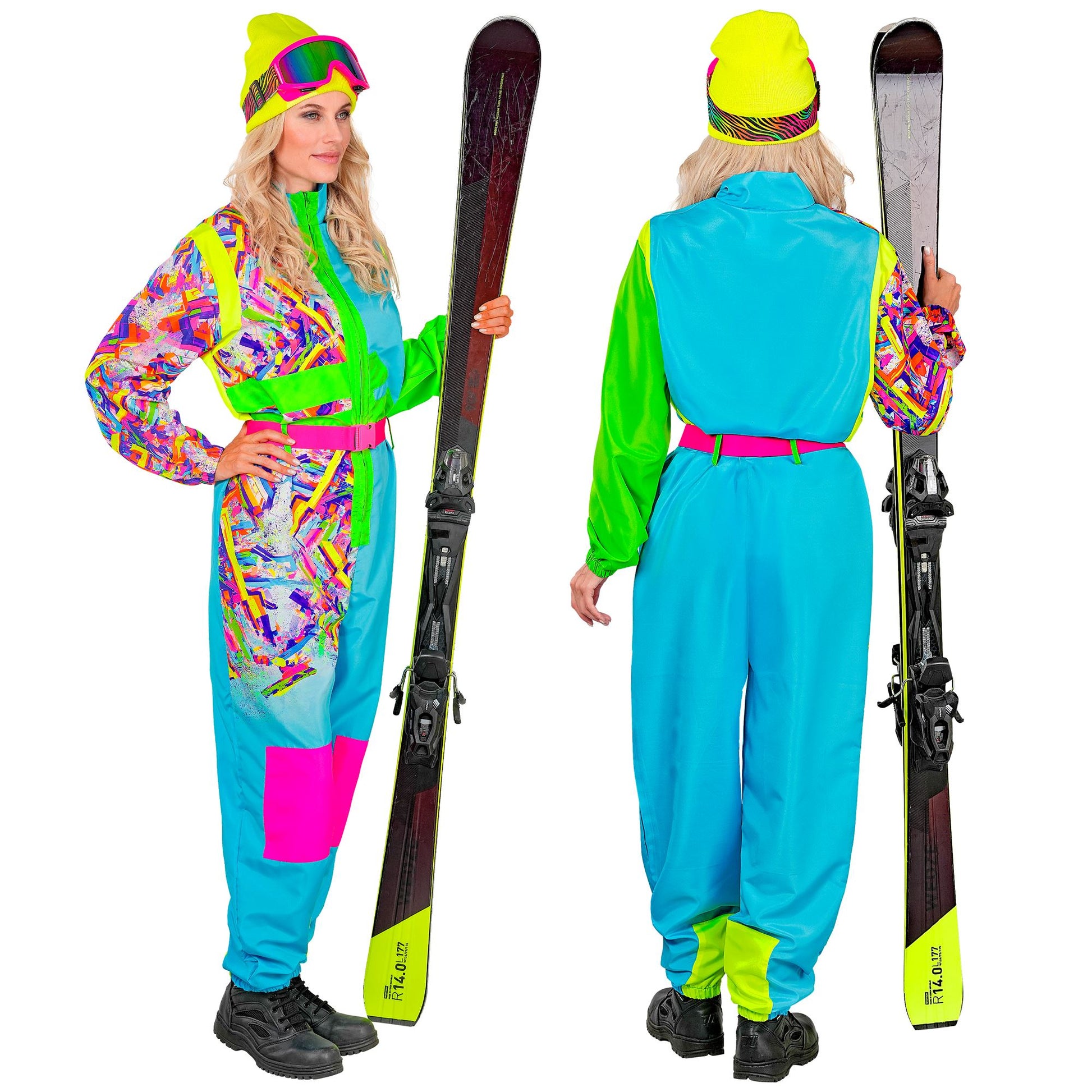 Widmann Neon Snowboarder Skianzug hellblau-grün mit Overall und Gürtel – Rückansicht