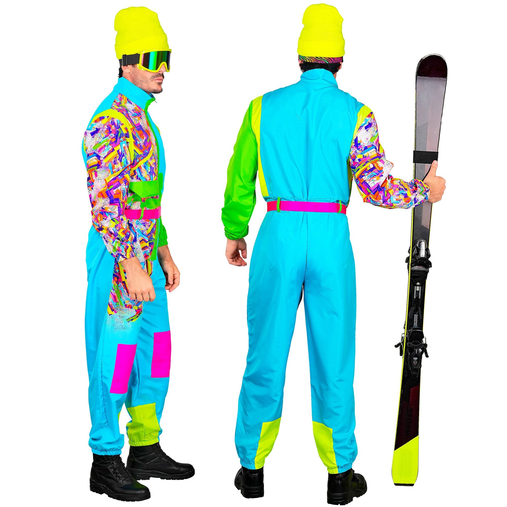 Widmann Neon Snowboarder Skianzug hellblau-grün mit Overall und Gürtel – Verpackung