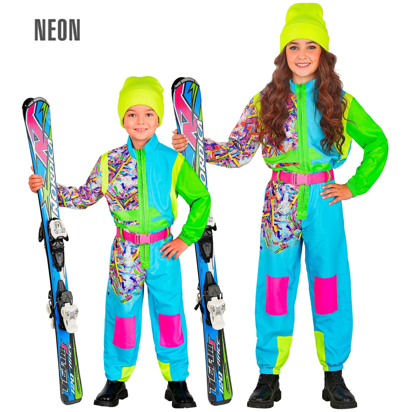 Widmann Neon Snowboarder Skianzug Hellblau-Grün mit Gürtel für Kinder - Ansicht – Produktansicht