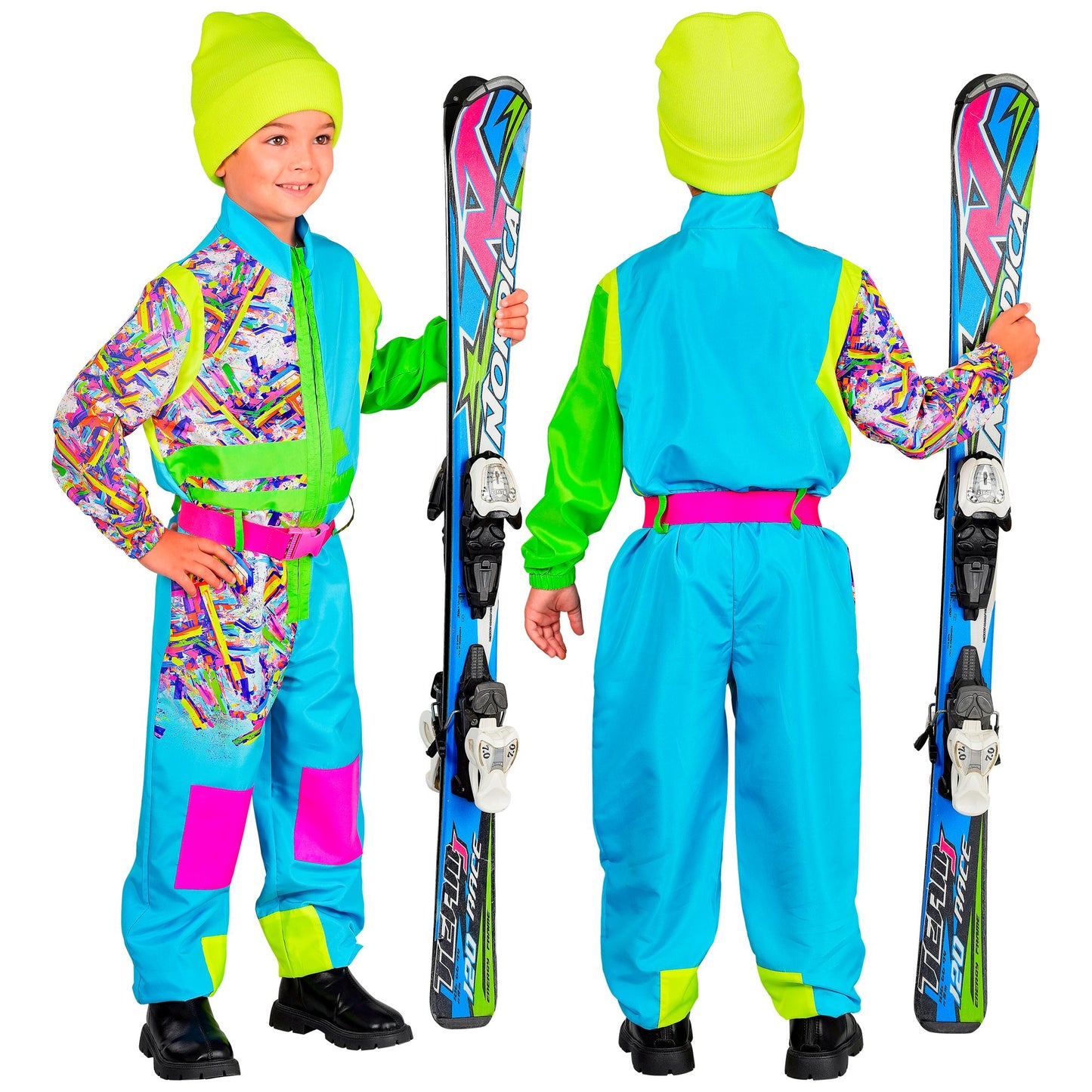 Widmann Neon Snowboarder Skianzug Hellblau-Grün mit Gürtel für Kinder - Ansicht – Rückansicht