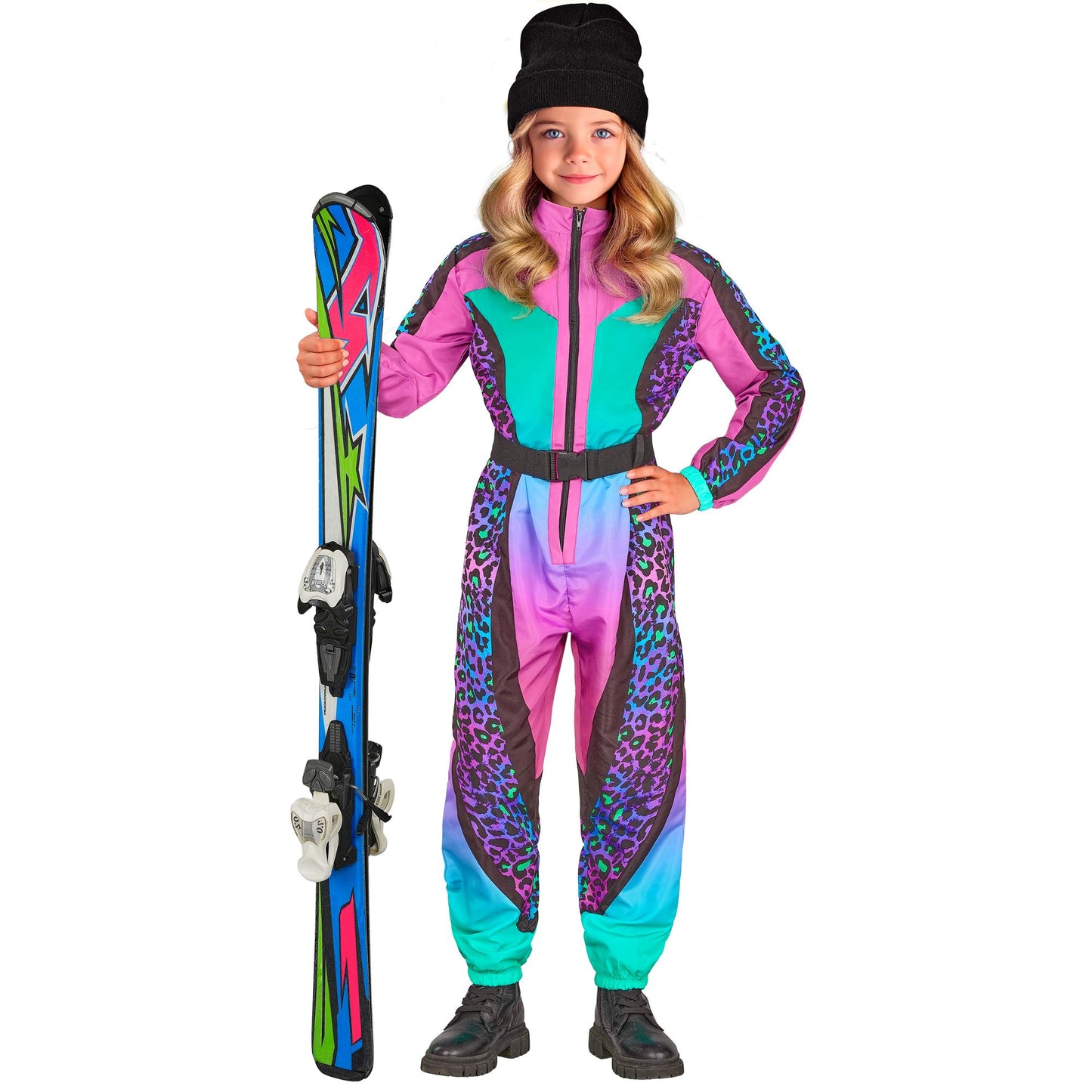 Widmann bunter Kinder Skianzug Leopardenmuster Overall mit Gürtel – Detailansicht