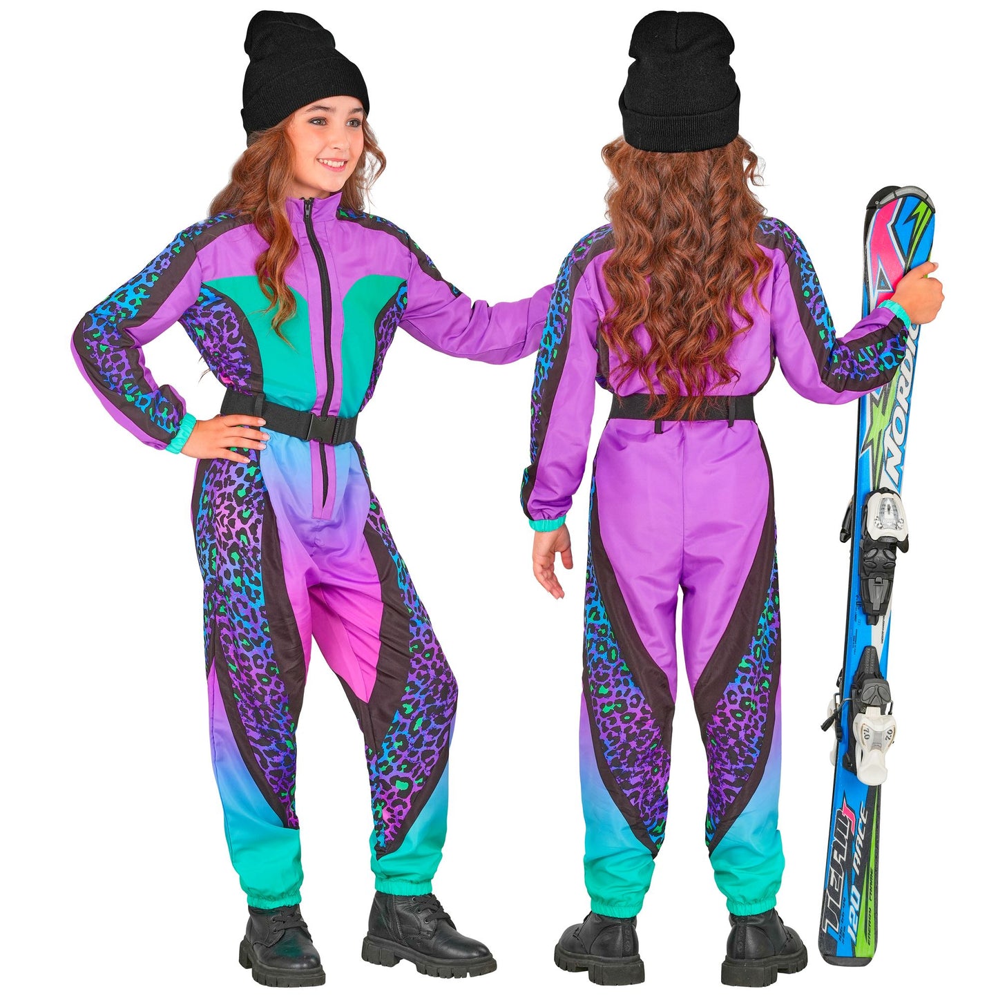 Widmann bunter Kinder Skianzug Leopardenmuster Overall mit Gürtel – Rückansicht