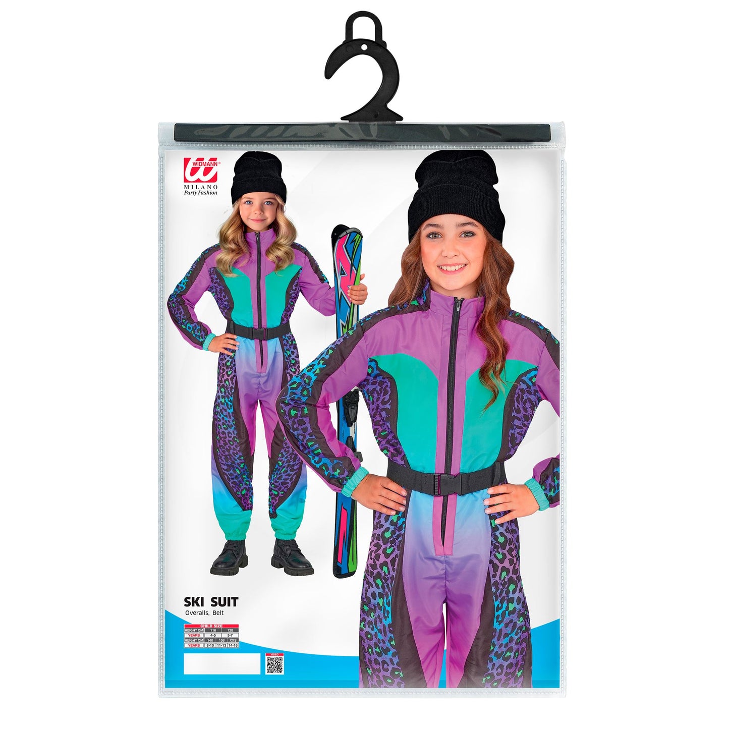 Widmann bunter Kinder Skianzug Leopardenmuster Overall mit Gürtel – Verpackung