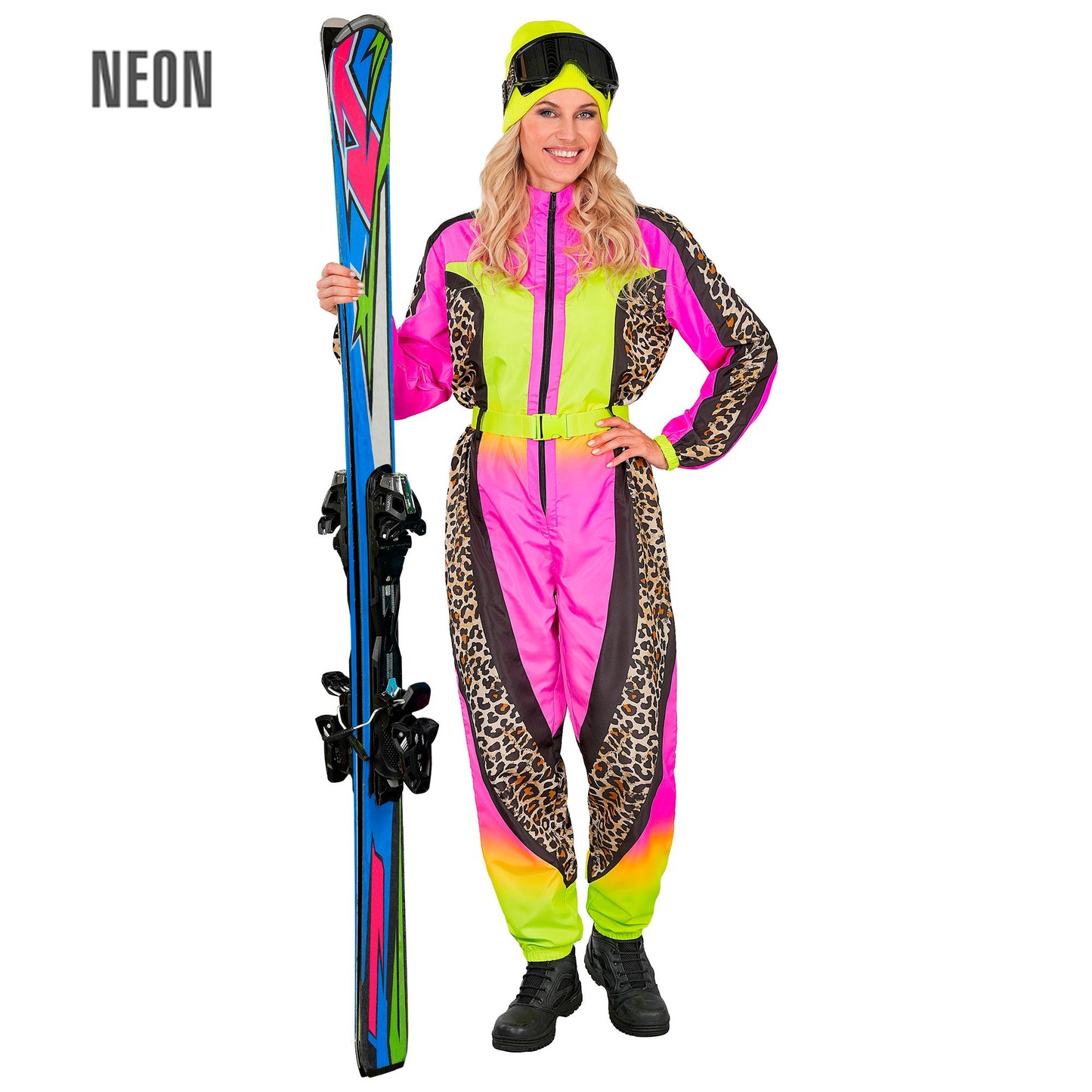 Widmann Neon Pink Gelb Zebramuster Snowboarder Jumpsuit mit Gürtel Vorderansicht – Produktansicht