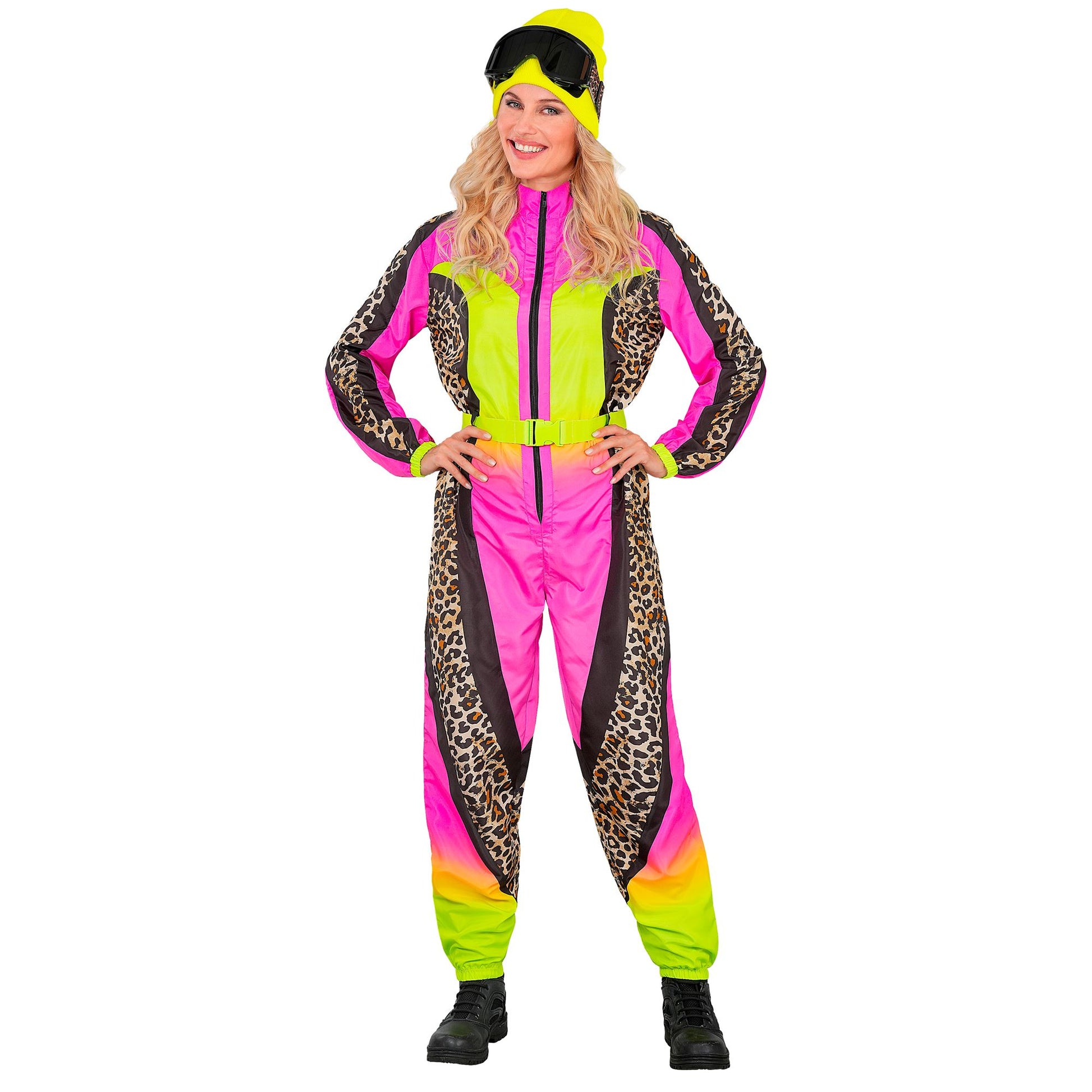 Widmann Neon Pink Gelb Zebramuster Snowboarder Jumpsuit mit Gürtel Vorderansicht – Detailansicht
