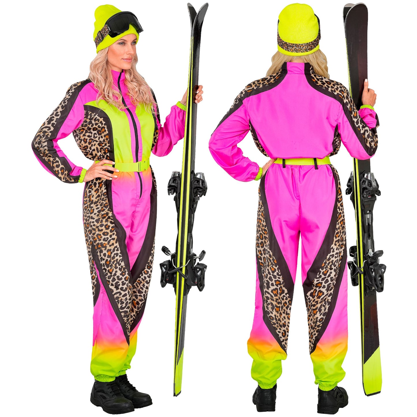 Widmann Neon Pink Gelb Zebramuster Snowboarder Jumpsuit mit Gürtel Vorderansicht – Seitenansicht