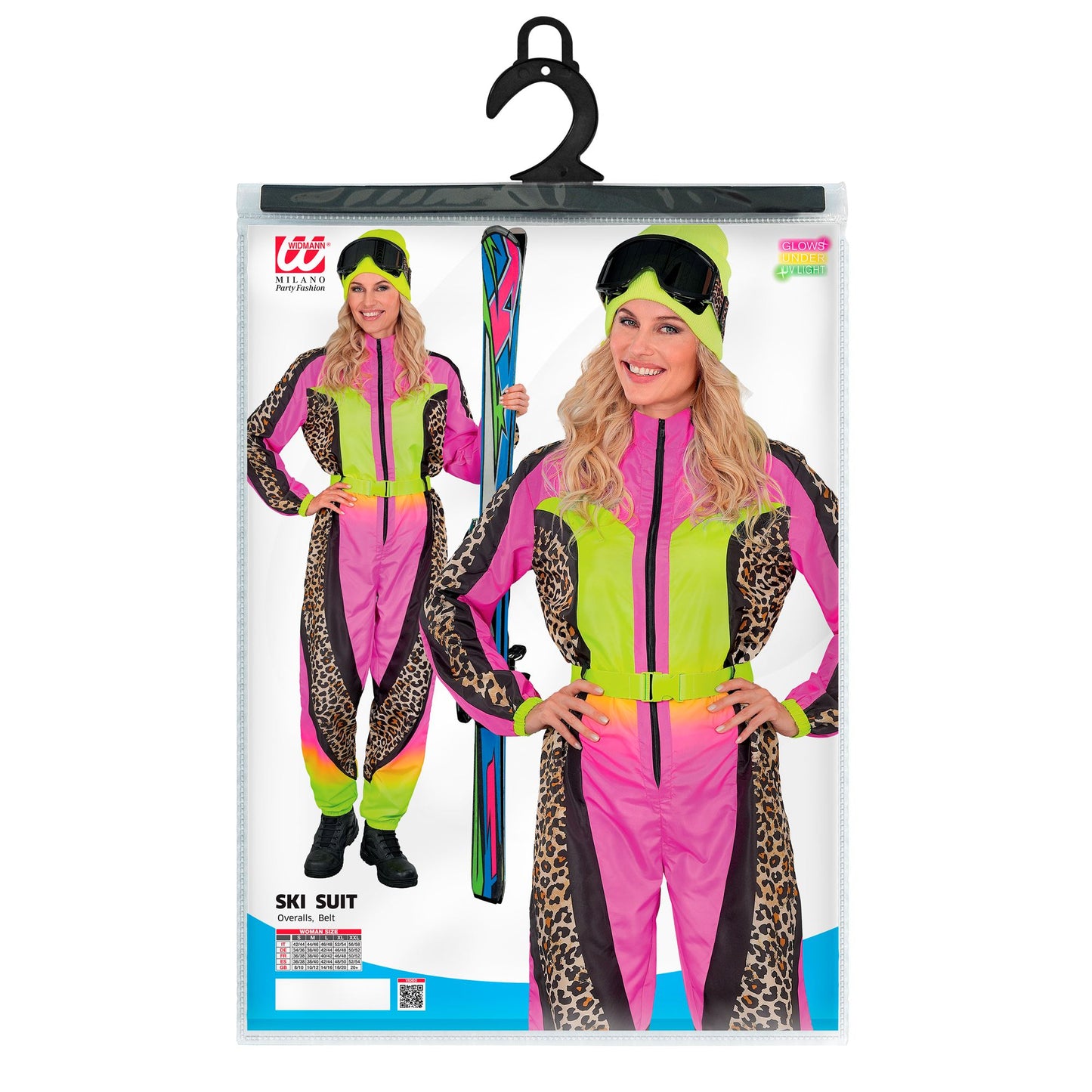 Widmann Neon Pink Gelb Zebramuster Snowboarder Jumpsuit mit Gürtel Vorderansicht – Rückansicht