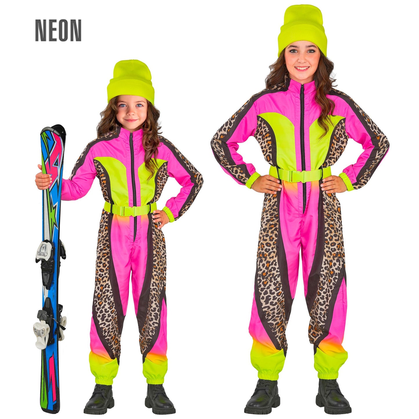 Widmann Neon Pink Leopardenmuster Snowboarder Unisex Skianzug Kinder Overall Gürtel – Produktansicht
