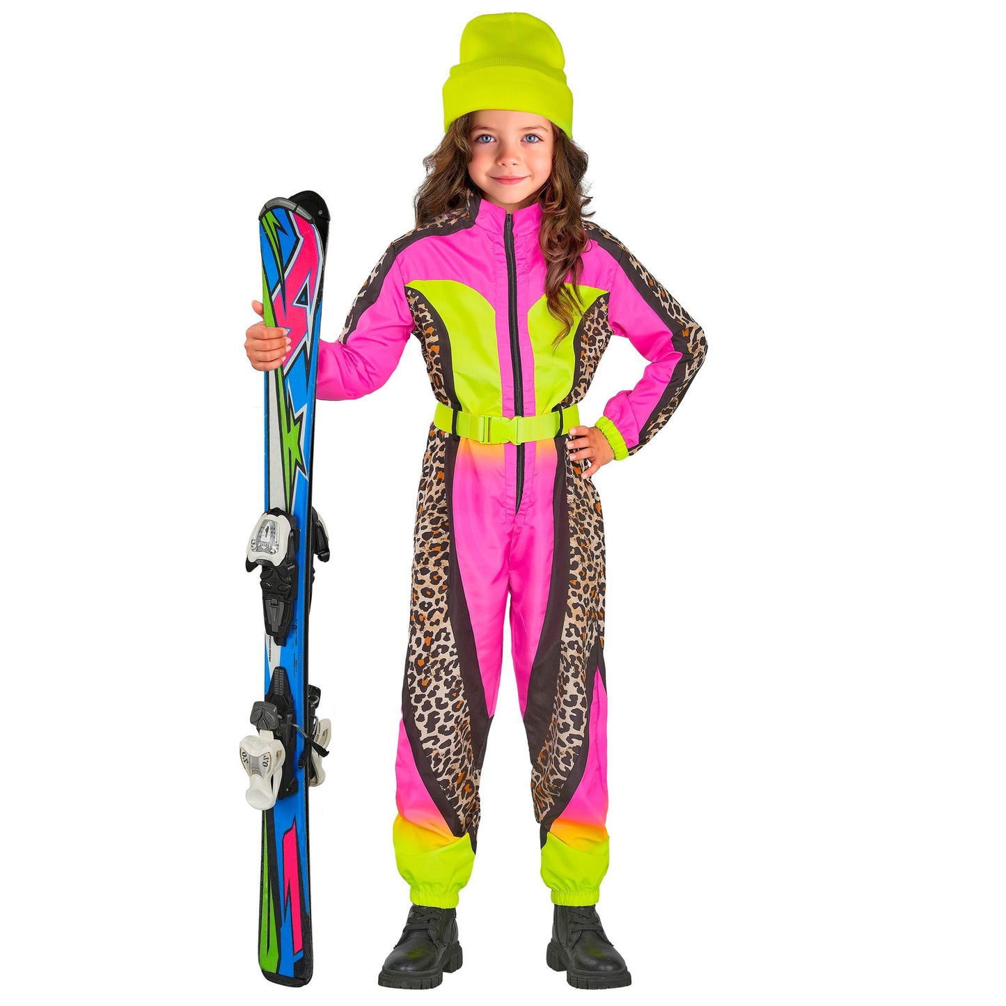 Widmann Neon Pink Leopardenmuster Snowboarder Unisex Skianzug Kinder Overall Gürtel – Detailansicht