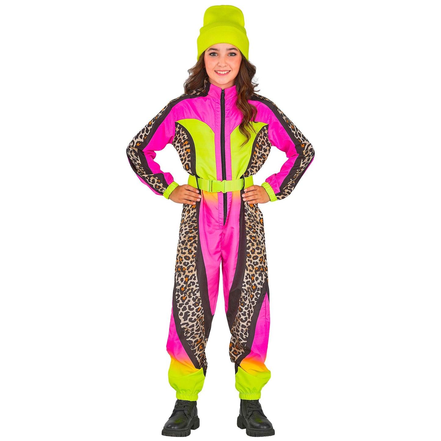 Widmann Neon Pink Leopardenmuster Snowboarder Unisex Skianzug Kinder Overall Gürtel – Seitenansicht