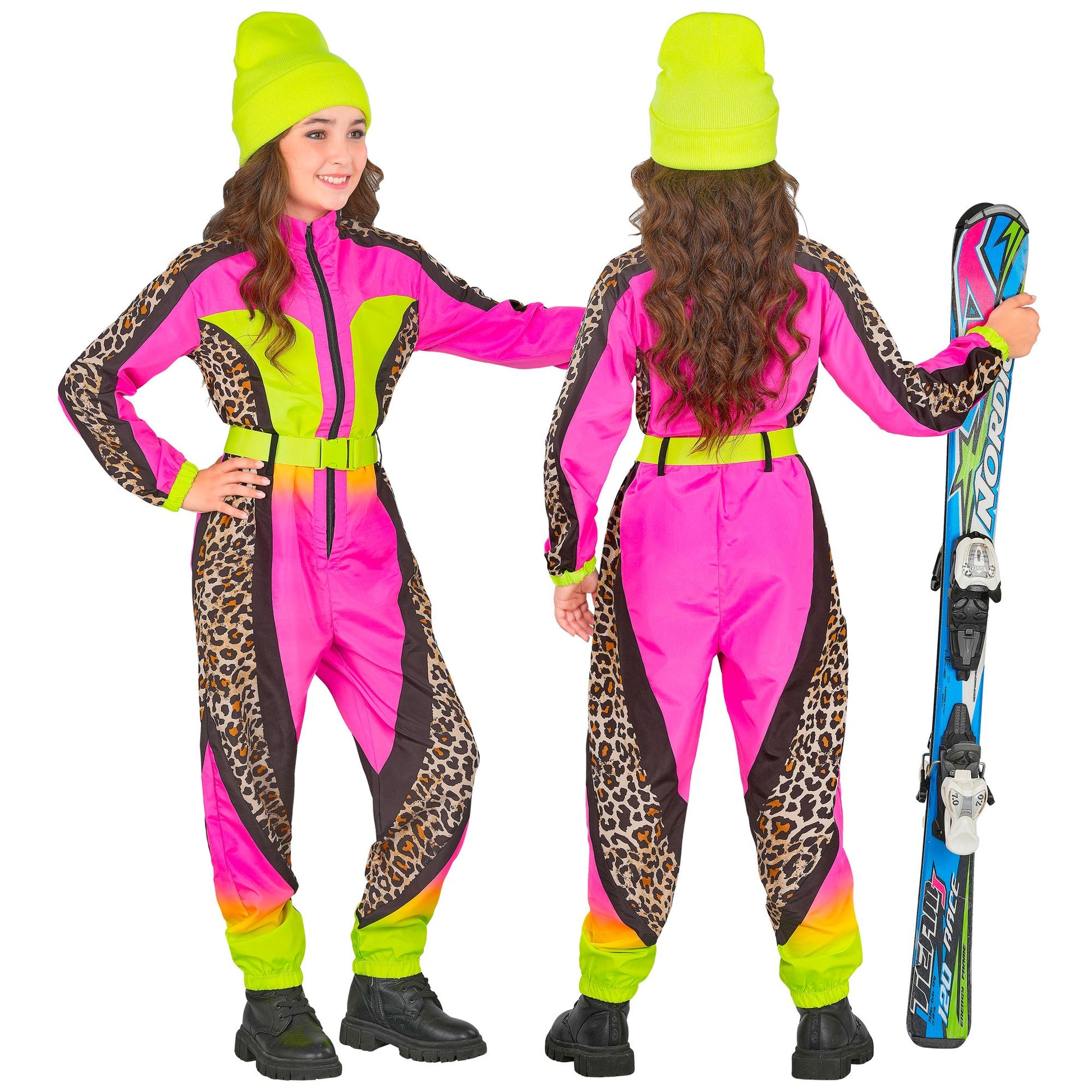 Widmann Neon Pink Leopardenmuster Snowboarder Unisex Skianzug Kinder Overall Gürtel – Rückansicht
