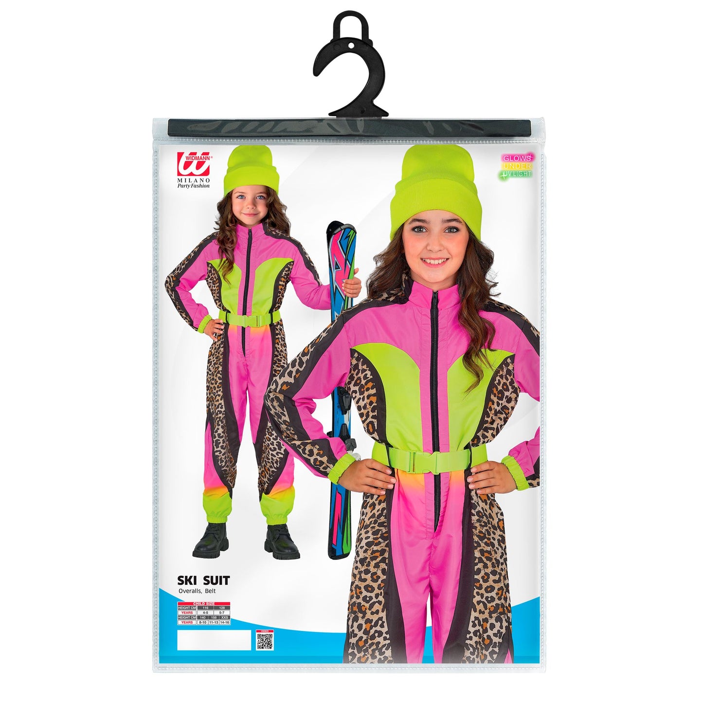 Widmann Neon Pink Leopardenmuster Snowboarder Unisex Skianzug Kinder Overall Gürtel – Verpackung