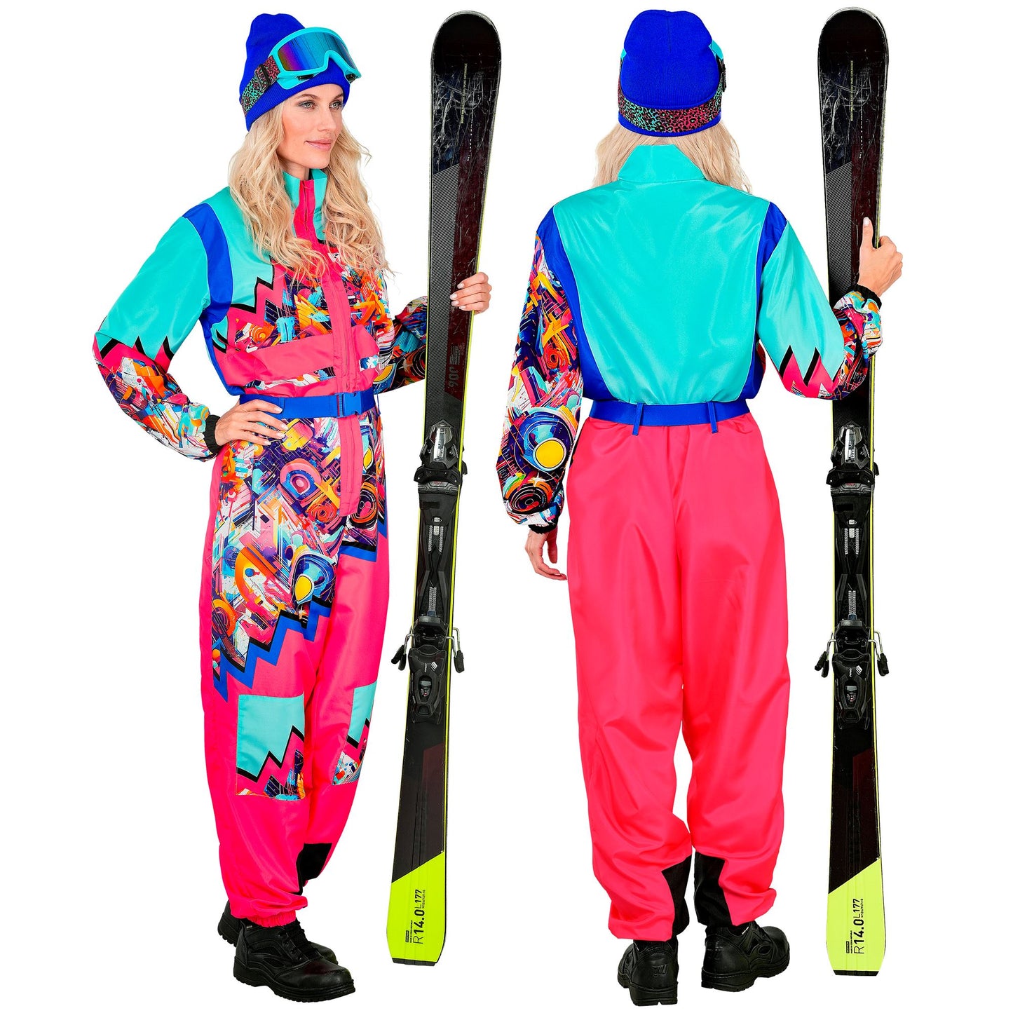 Widmann Neon Pink-Blau Snowboarder Unisex Jumpsuit Skianzug mit Gürtel – Rückansicht