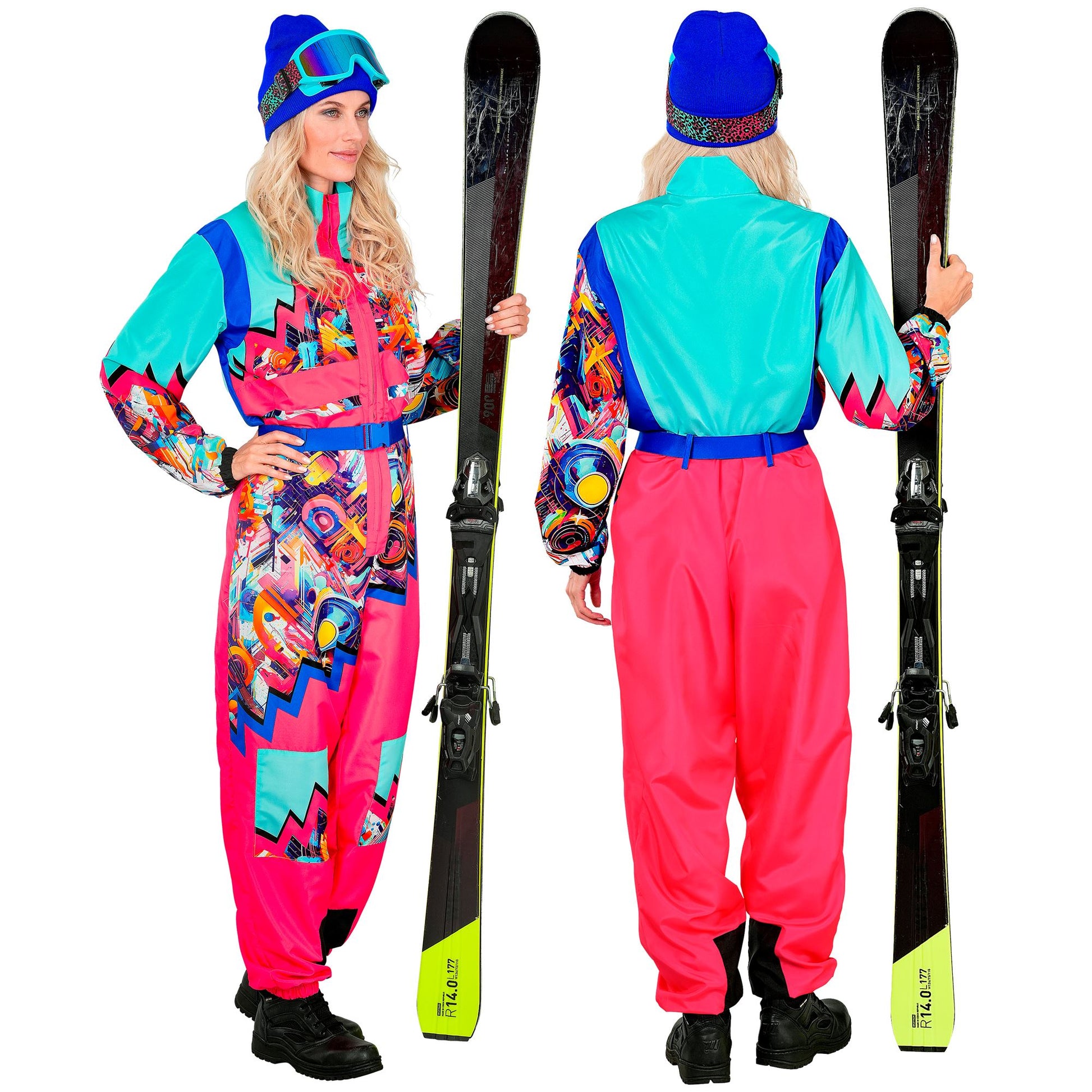 Widmann Neon Pink-Blau Snowboarder Unisex Jumpsuit Skianzug mit Gürtel – Rückansicht