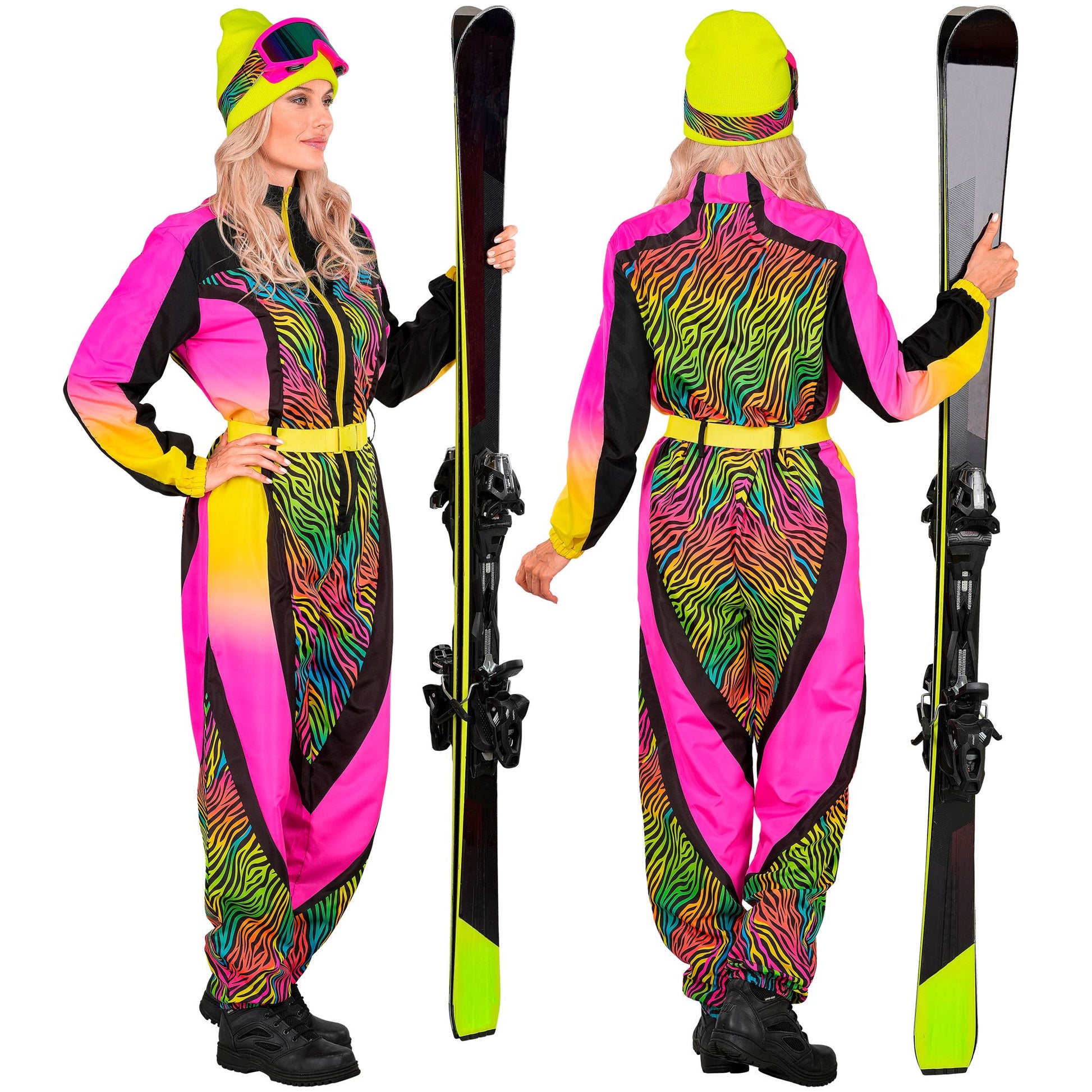 Widmann Neon Zebramuster bunter Snowboarder Unisex Jumpsuit Skianzug mit Gürtel – Seitenansicht