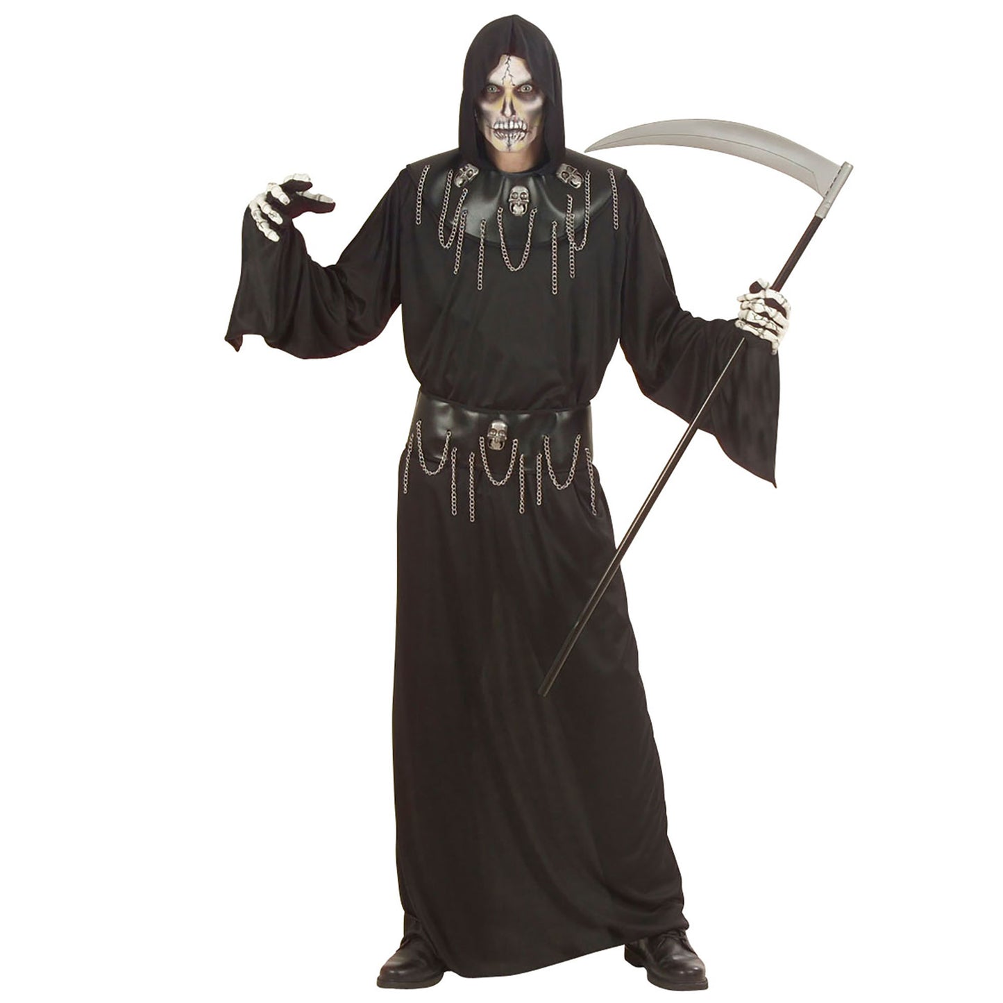 "SKULL MASTER" (Tunika mit Kapuze,Totenkopfhalsband, Totenkopfgürtel mit Ketten) – Vorderansicht
