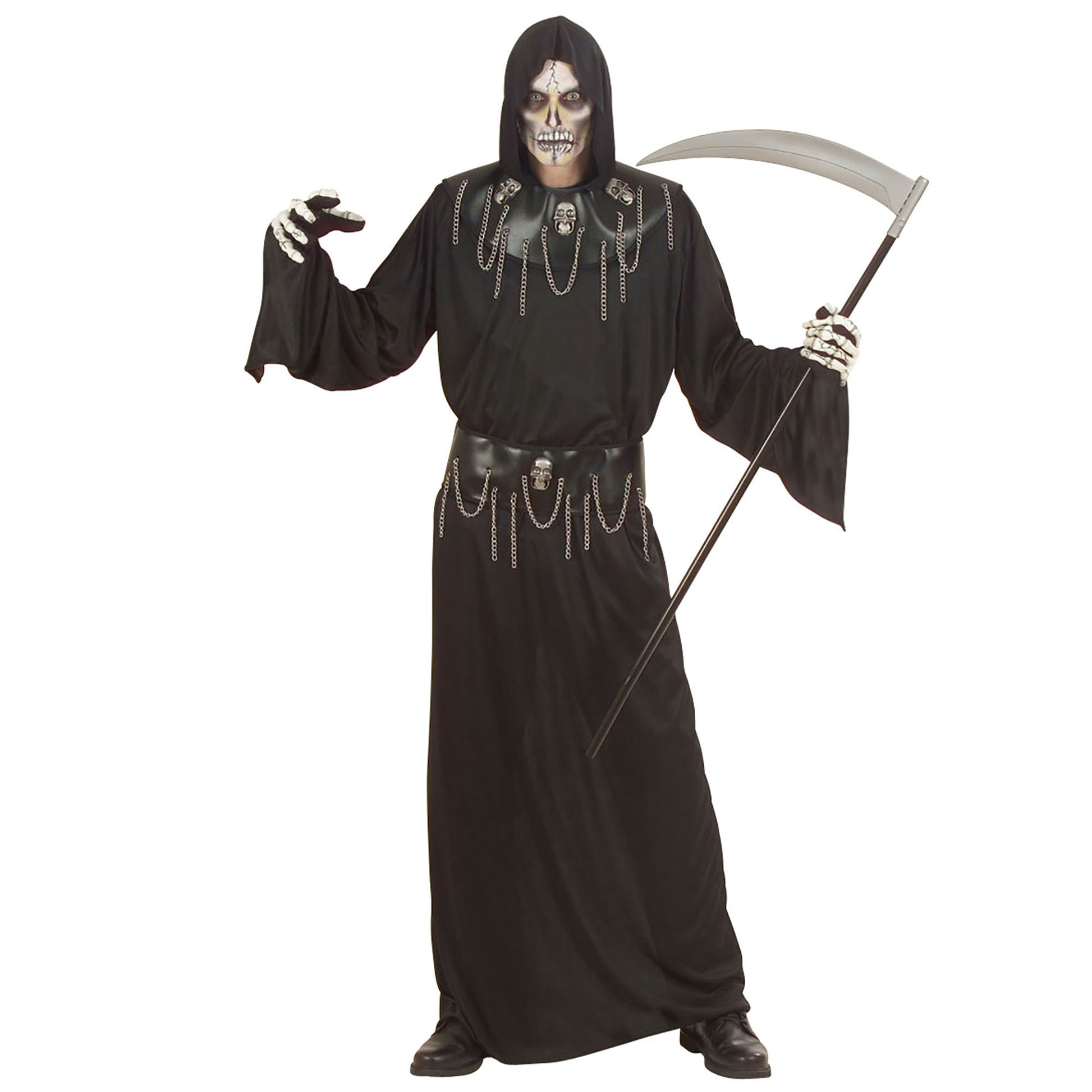 "SKULL MASTER" (Tunika mit Kapuze,Totenkopfhalsband, Totenkopfgürtel mit Ketten) – Vorderansicht
