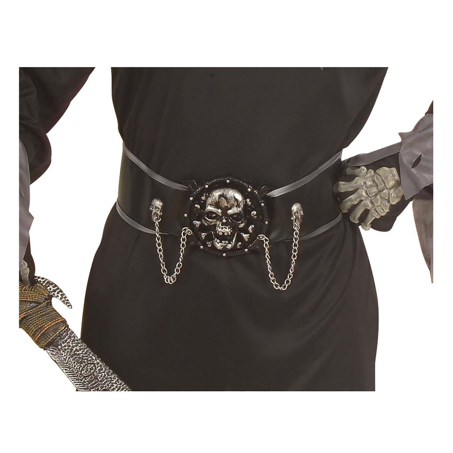 "SKULL WARLORD" (Robe mit Kapuze und Maske mit unsichtbarem Gesicht, Gürtel mit 3D Schnalle und Ketten) – Detailansicht