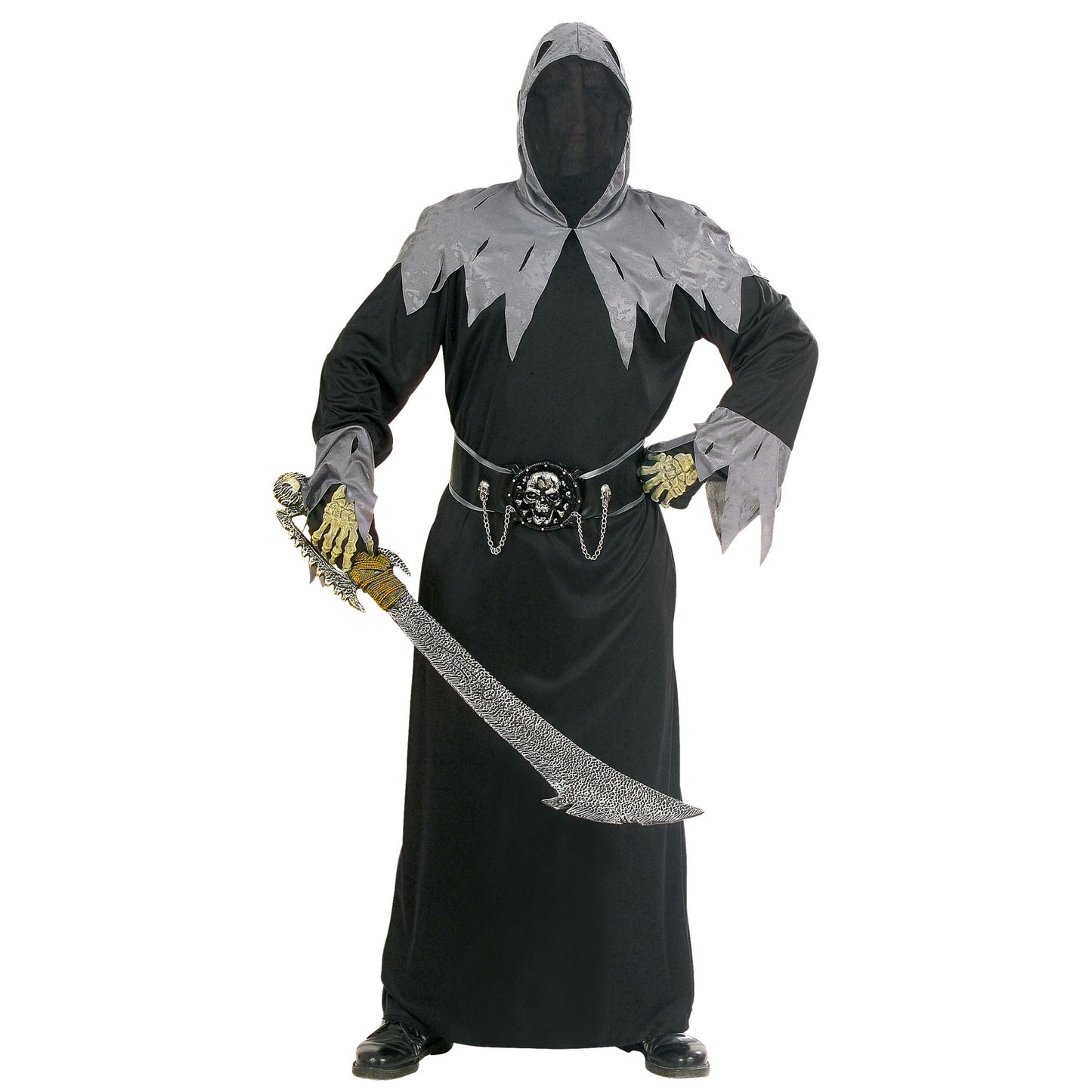 "SKULL WARLORD" (Robe mit Kapuze und Maske unsichtbares Gesicht, Gürtel mit Schnalle & Totenschädel & Ketten) – Vorderansicht