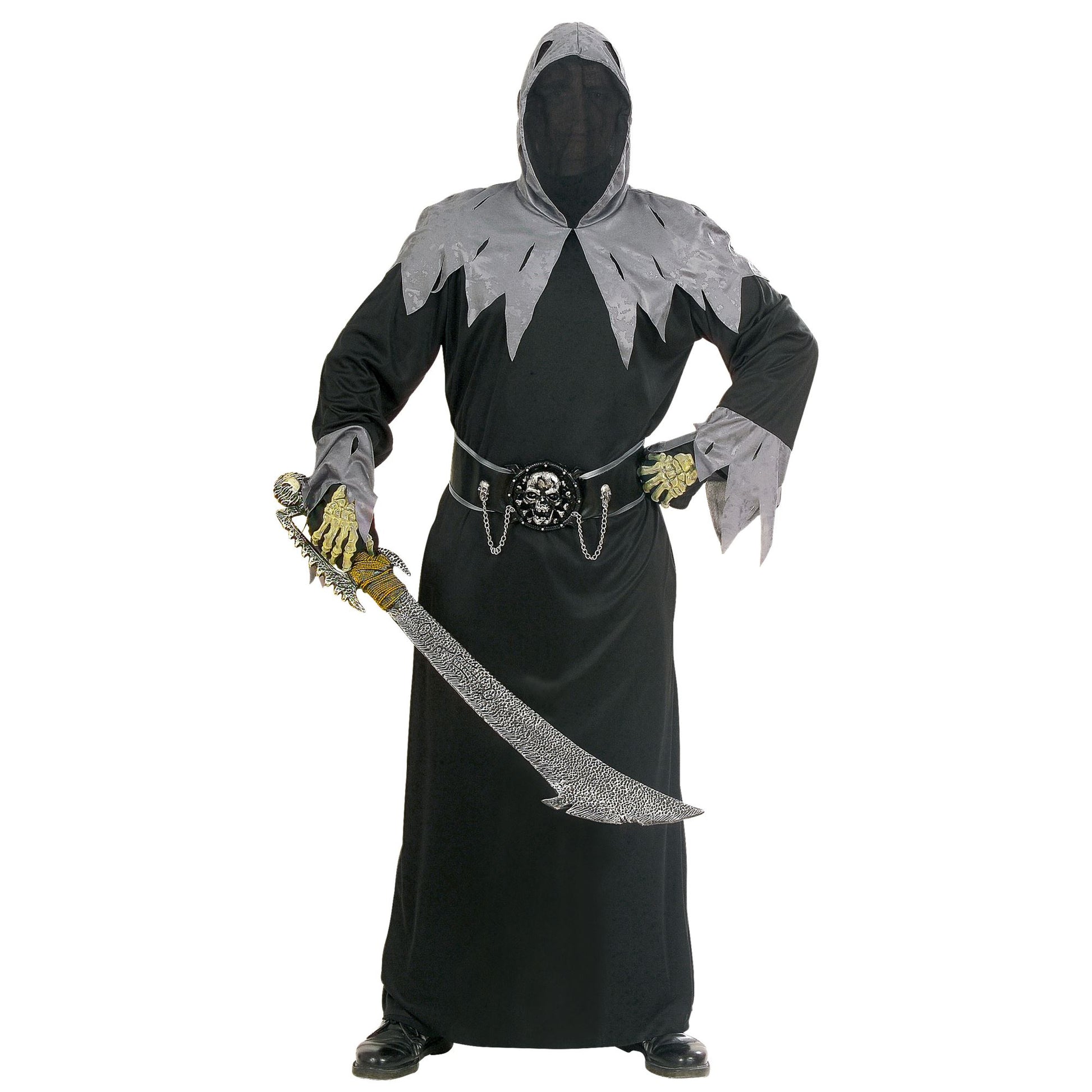 "SKULL WARLORD" (Robe mit Kapuze und Maske unsichtbares Gesicht, Gürtel mit Schnalle & Totenschädel & Ketten) – Vorderansicht
