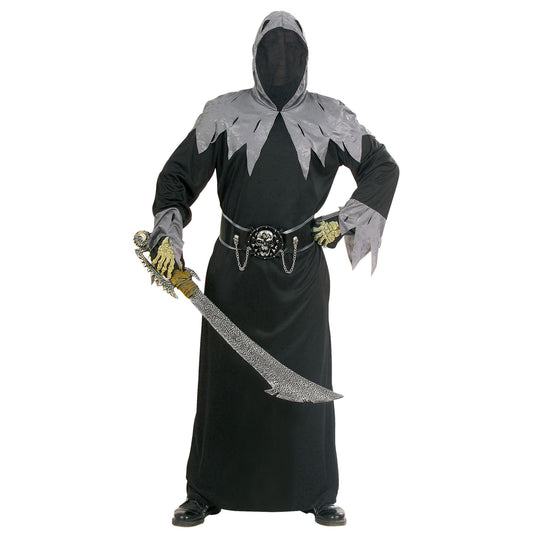 "SKULL WARLORD" (Robe mit Kapuze und Maske unsichtbares Gesicht, Gürtel mit Schnalle & Totenschädel & Ketten) – Vorderansicht