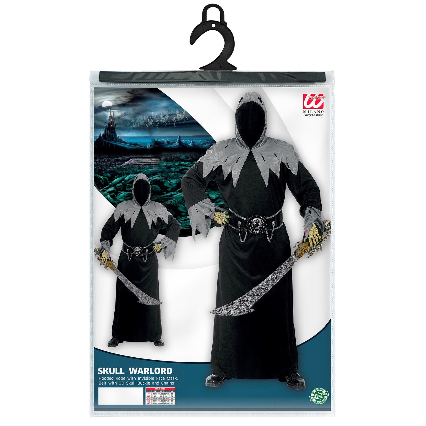 "SKULL WARLORD" (Robe mit Kapuze und Maske unsichtbares Gesicht, Gürtel mit Schnalle & Totenschädel & Ketten) – Detailansicht