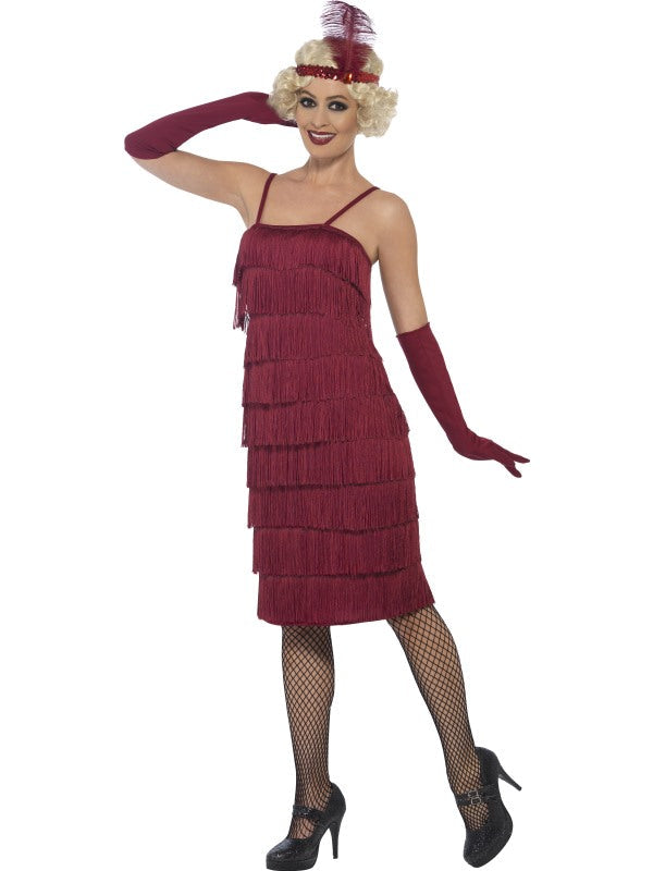 Smiffys rotes 20er Jahre Carla Flapper Kleid Damenkostüm mit Handschuhen und Kopfschmuck von Fasnacht24.ch – Produktansicht